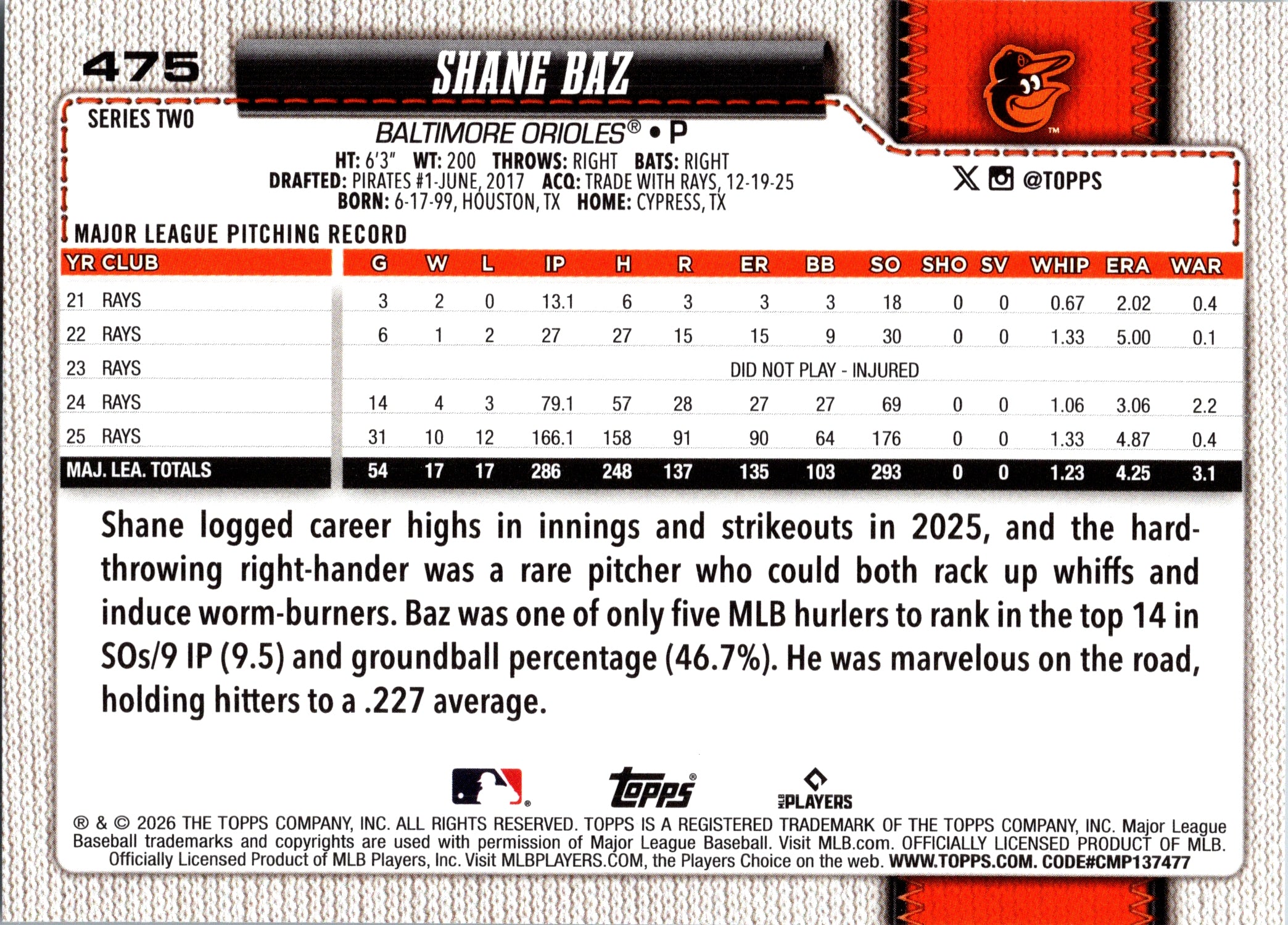 2026 Topps Shane Baz #475 Baltimore Orioles Near Mint or Better