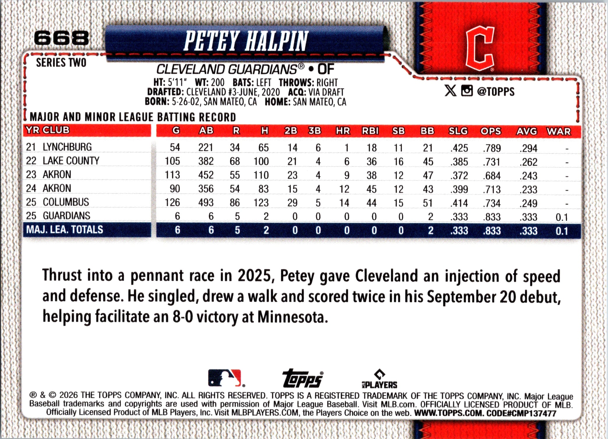 2026 Topps Petey Halpin #668 Cleveland Guardians Near Mint or Better