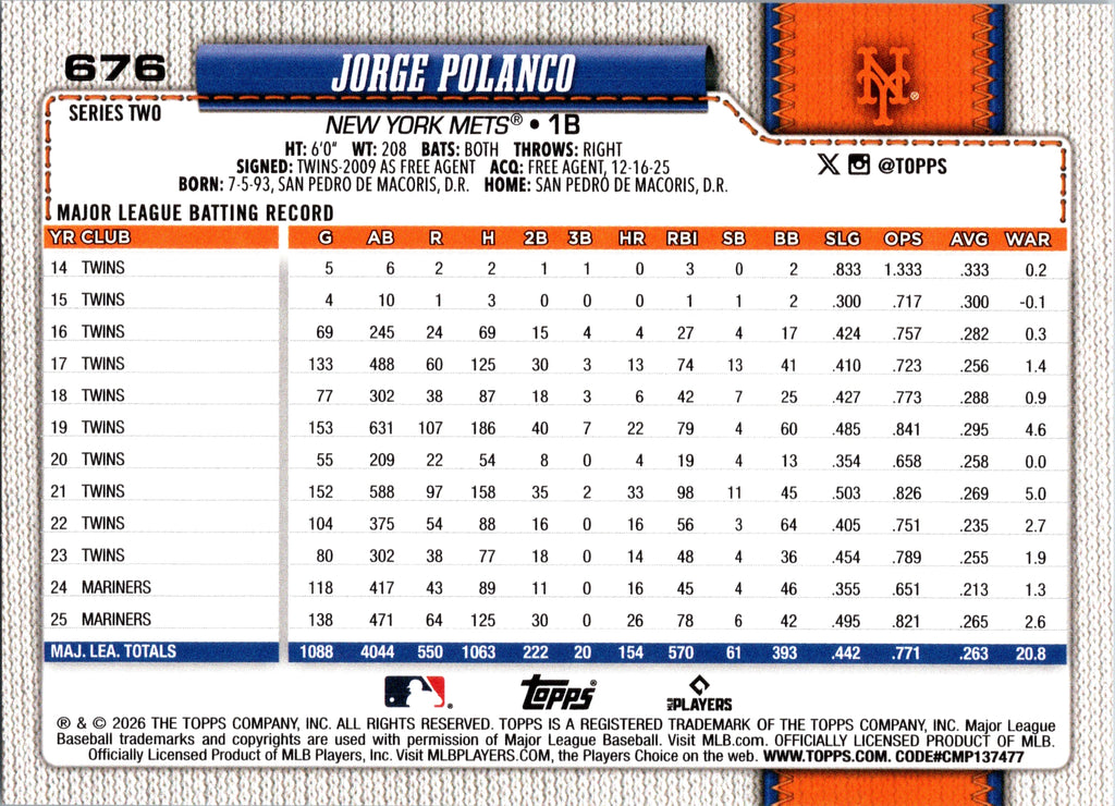 2026 Topps Jorge Polanco #676 New York Mets Near Mint or Better