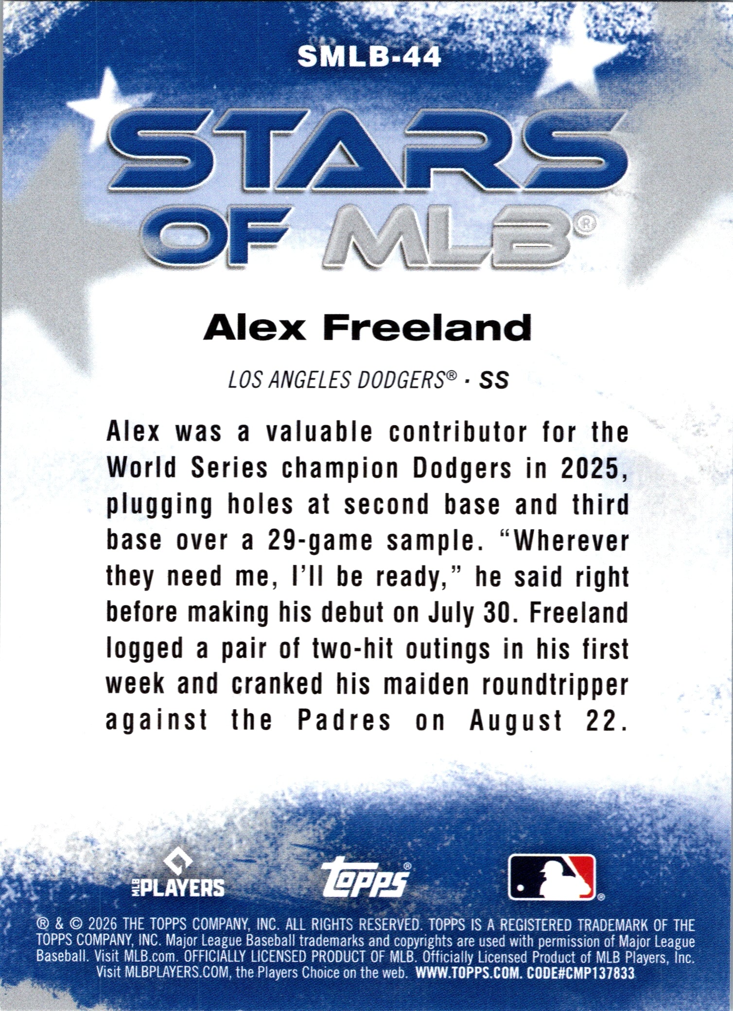 2026 Topps Alex Freeland #SMLB-44 Stars of MLB Los Angeles Dodgers Rookie NM