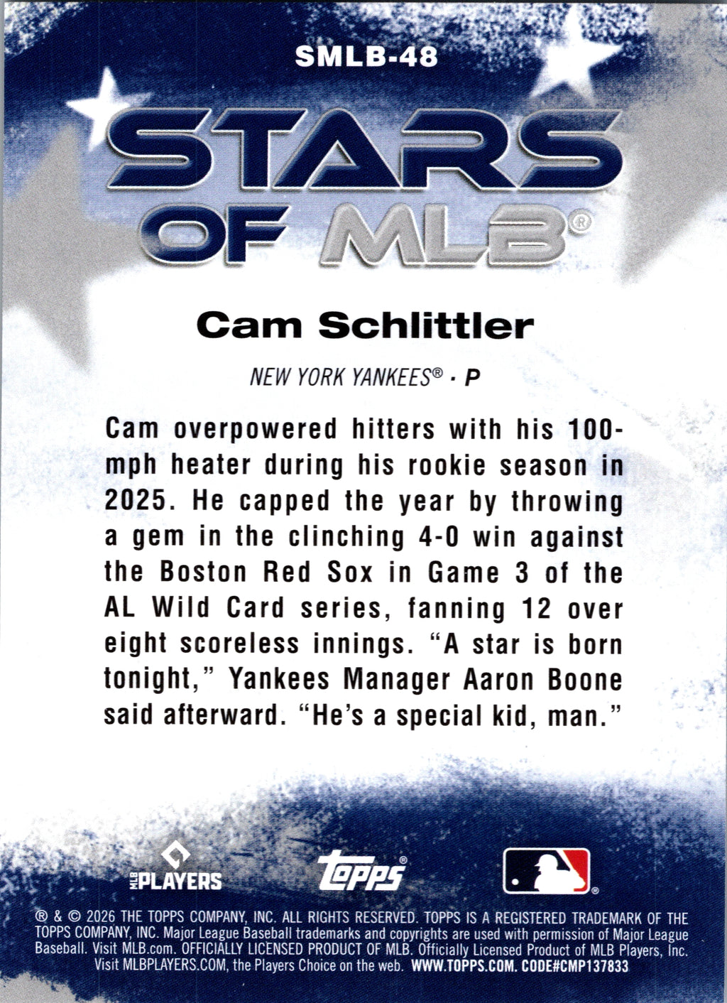 2026 Topps Cam Schlittler #SMLB-48 Stars of MLB New York Yankees Rookie NM