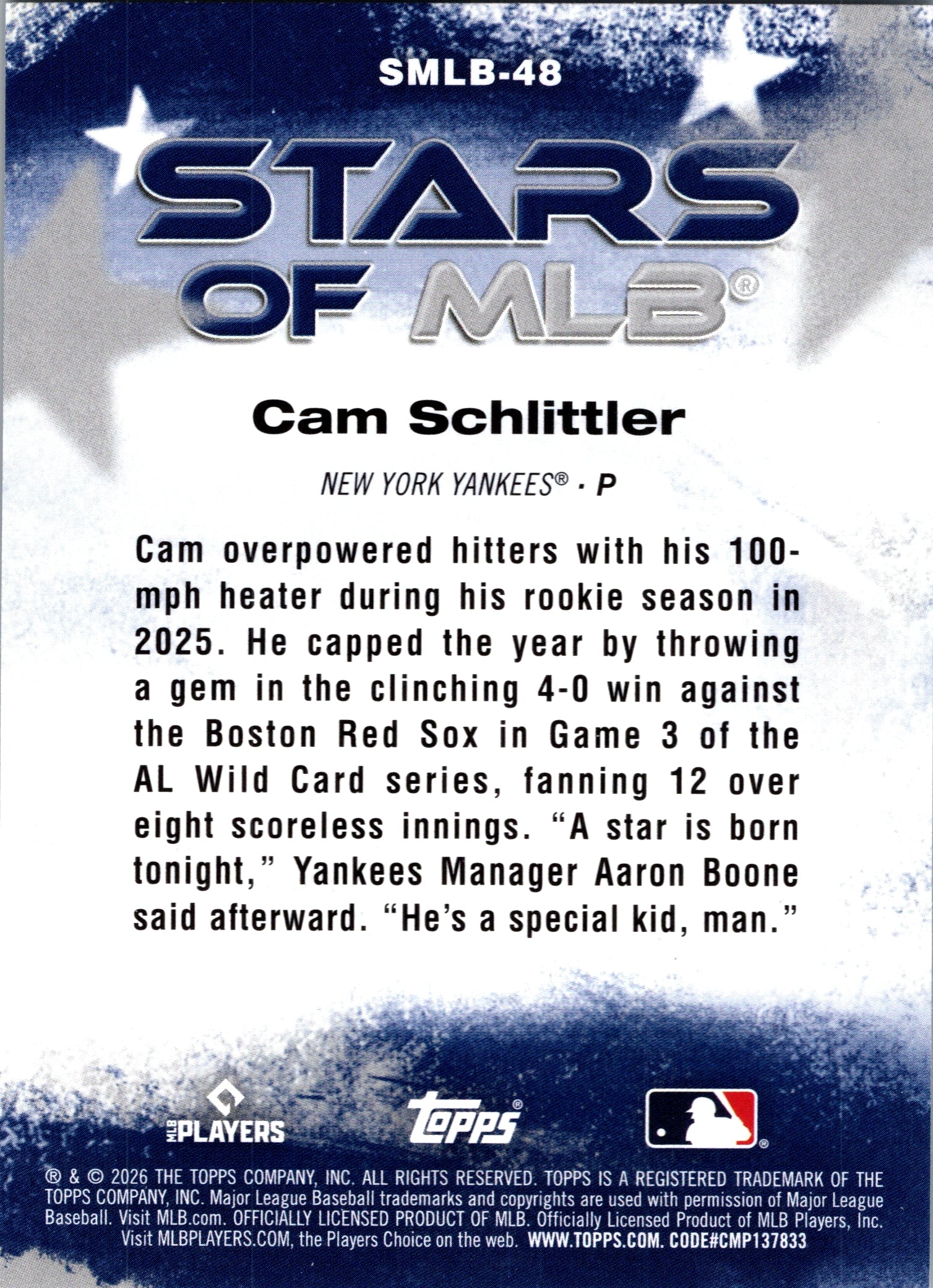 2026 Topps Cam Schlittler #SMLB-48 Stars of MLB New York Yankees Rookie NM