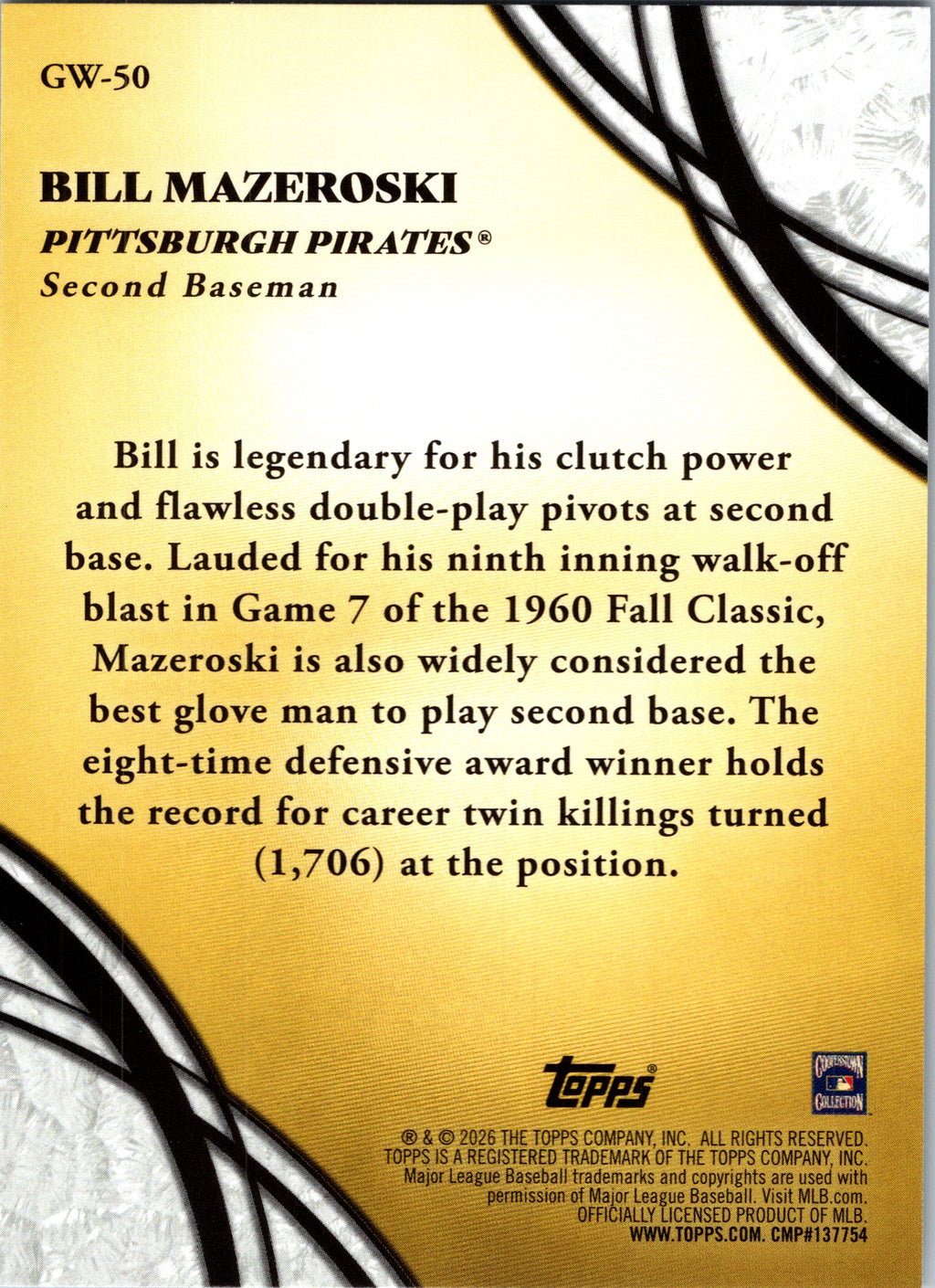 2026 Topps Bill Mazeroski #GW-50 Glove Work Pittsburgh Pirates NM
