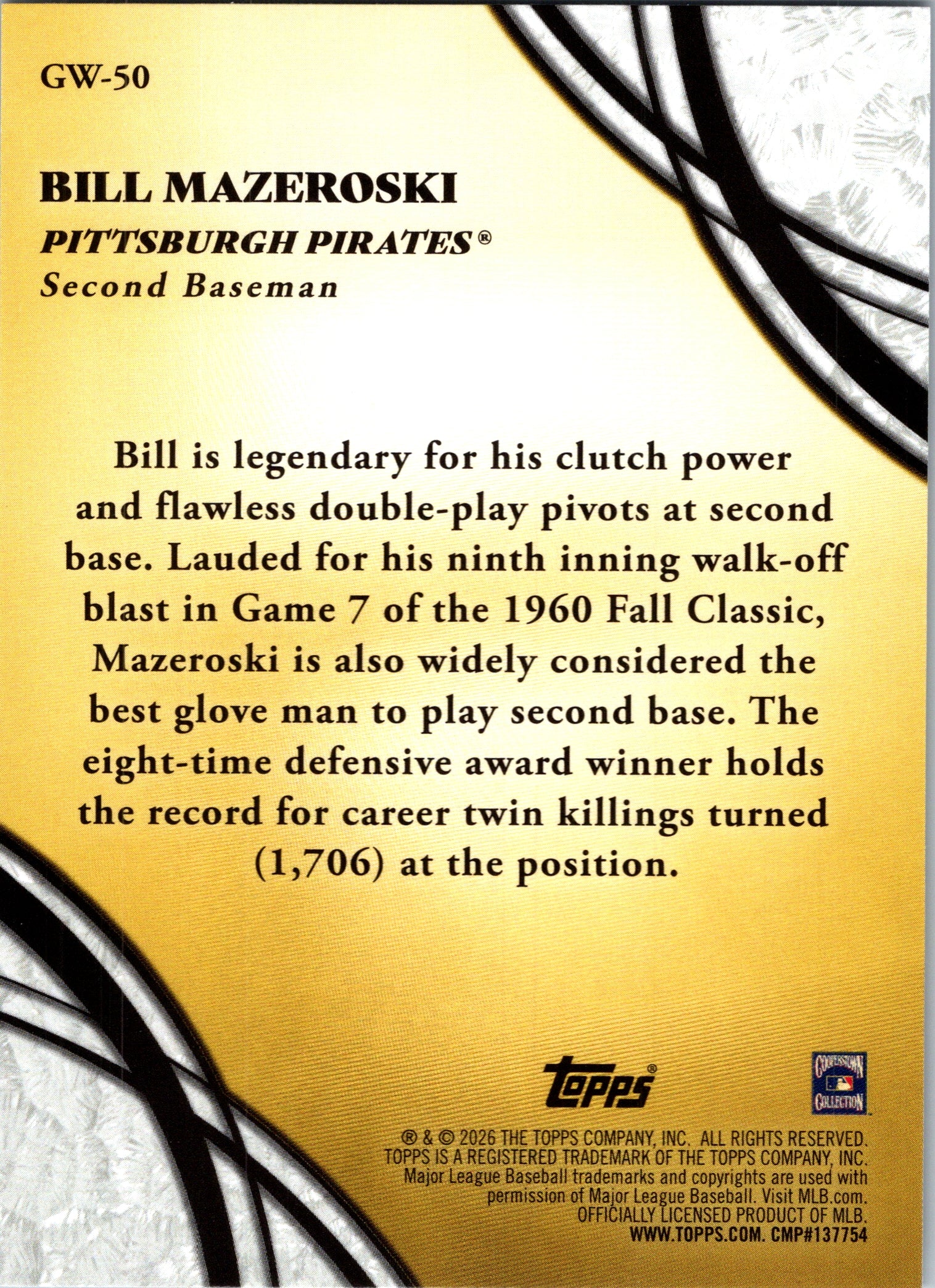 2026 Topps Bill Mazeroski #GW-50 Glove Work Pittsburgh Pirates NM