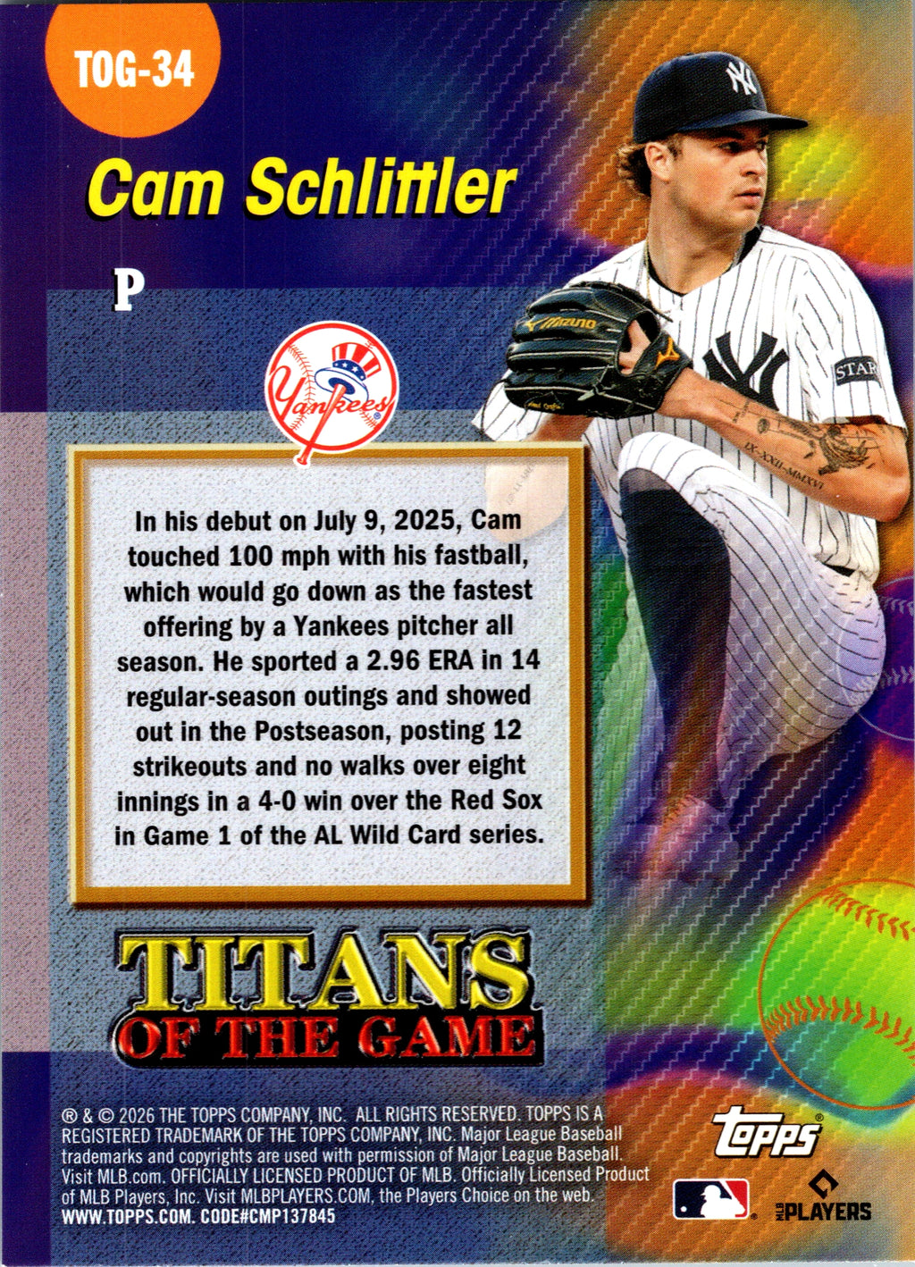 2026 Topps Cam Schlittler #TOG-34 Titans of the Game New York Yankees Rookie NM