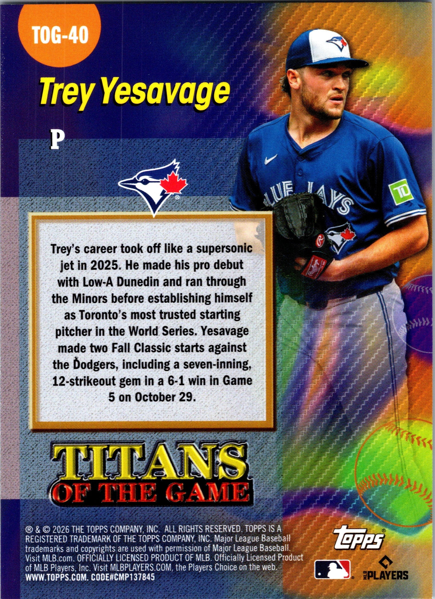 2026 Topps Trey Yesavage #TOG-40 Titans of the Game Toronto Blue Jays Rookie NM
