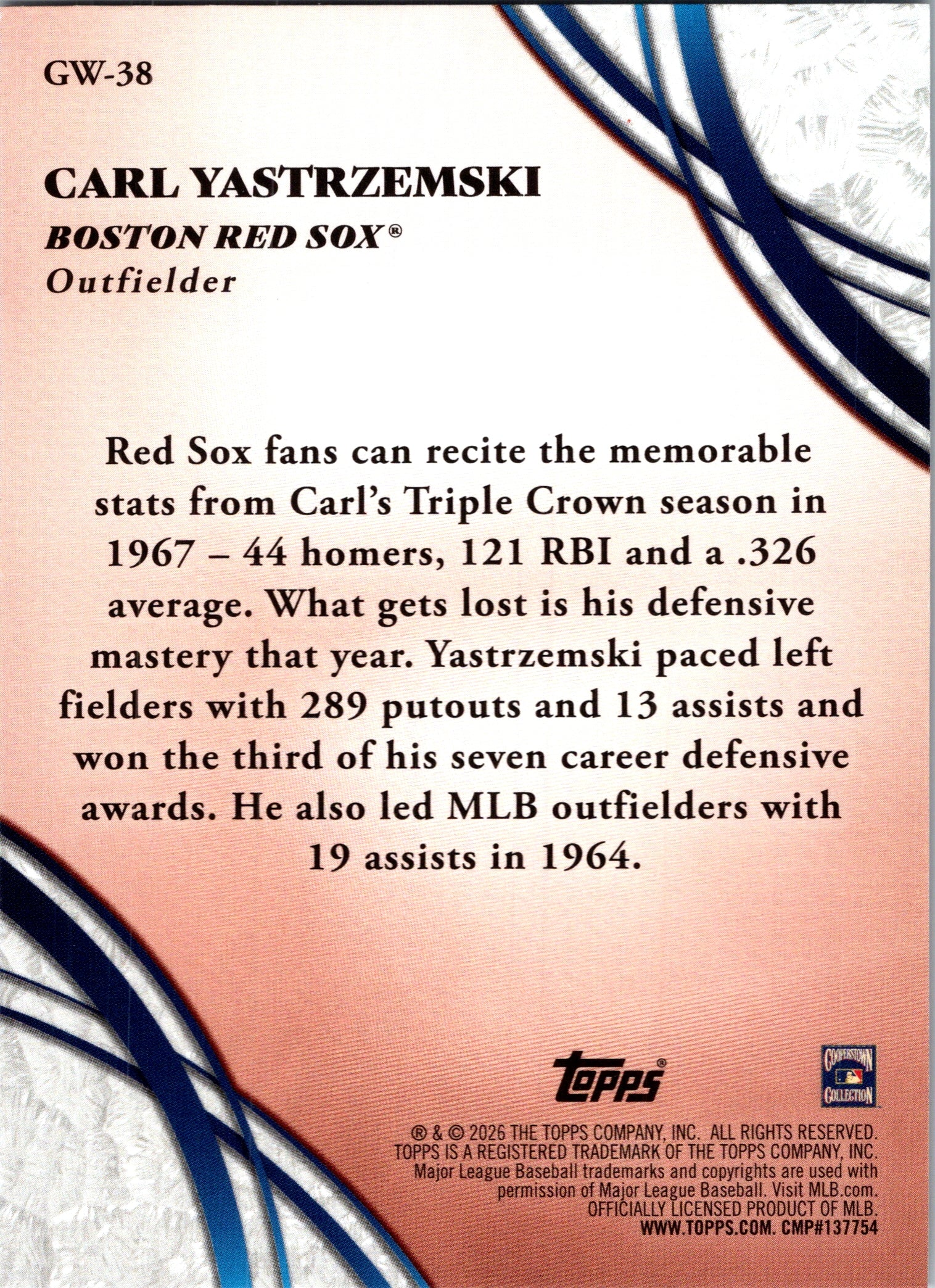 2026 Topps Carl Yastrzemski #GW-38 Glove Work Boston Red Sox Near Mint or Better