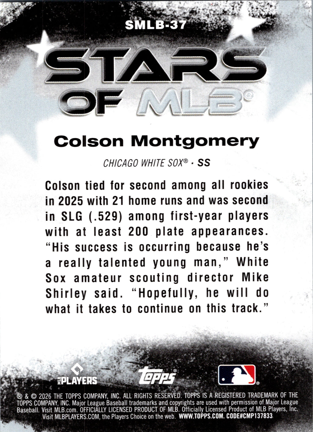 2026 Topps Colson Montgomery #SMLB-37 Stars of MLB Chicago White Sox Rookie NM