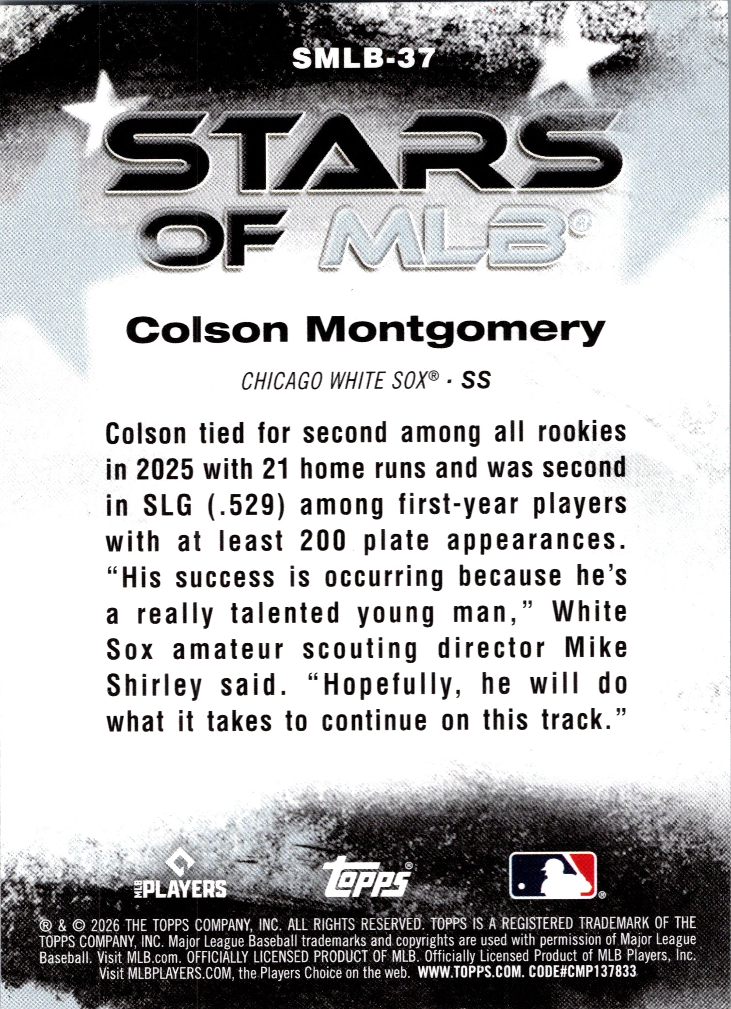 2026 Topps Colson Montgomery #SMLB-37 Stars of MLB Chicago White Sox Rookie NM