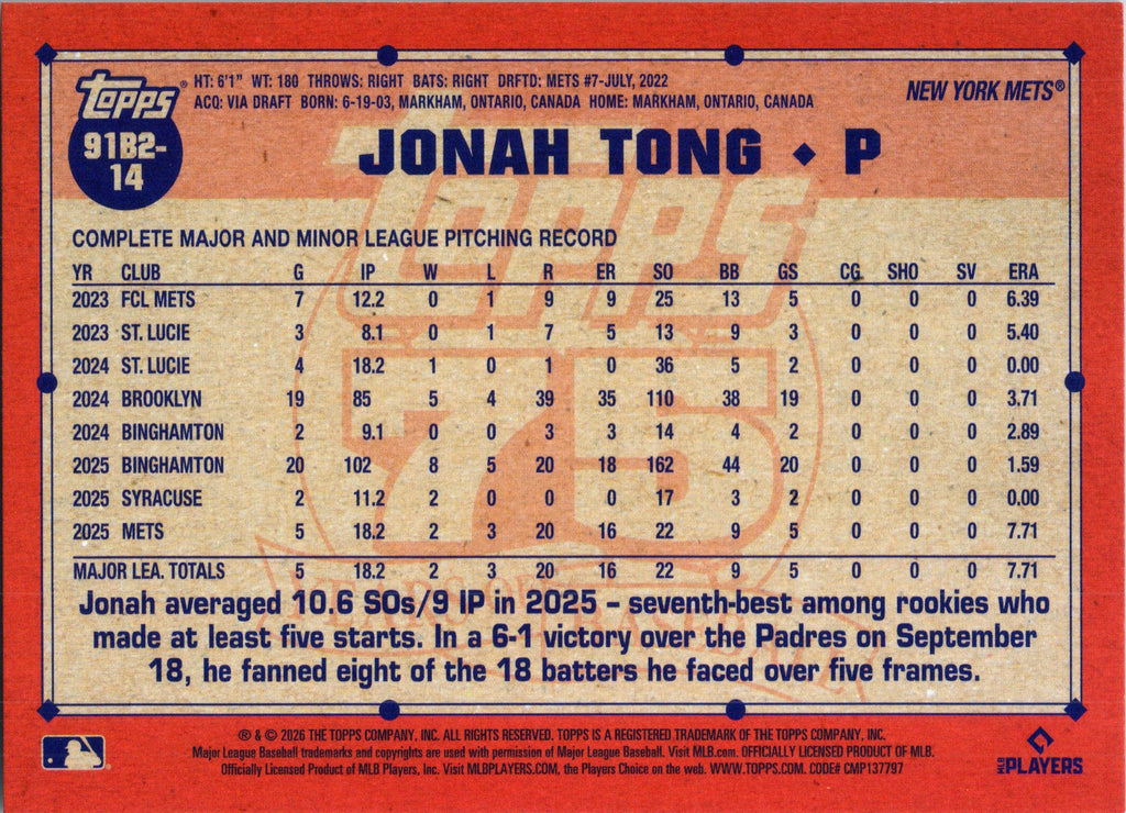 2026 Topps Jonah Tong #91B2-14 1991 Topps Baseball New York Mets Rookie NM