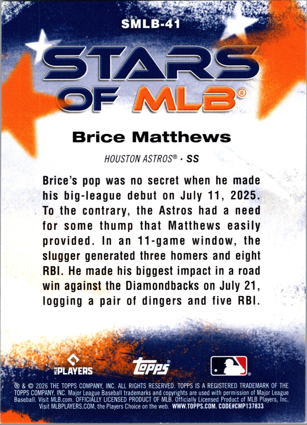 2026 Topps Brice Matthews #SMLB-41 Stars of MLB Houston Astros Rookie NM