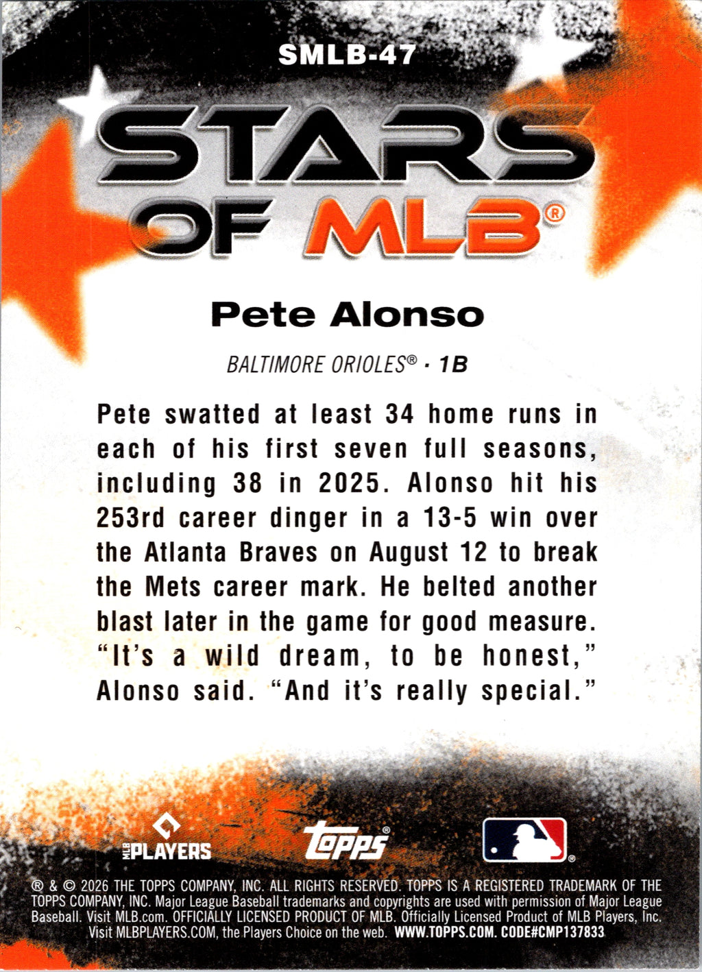 2026 Topps Pete Alonso #SMLB-47 Stars of MLB Crackle Foil Baltimore Orioles NM
