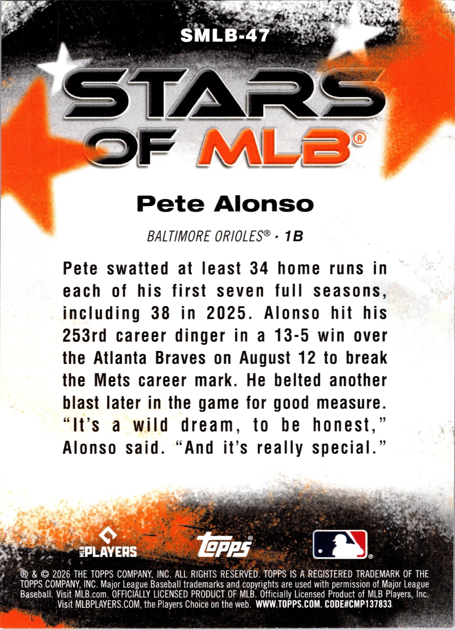 2026 Topps Pete Alonso #SMLB-47 Stars of MLB Crackle Foil Baltimore Orioles NM