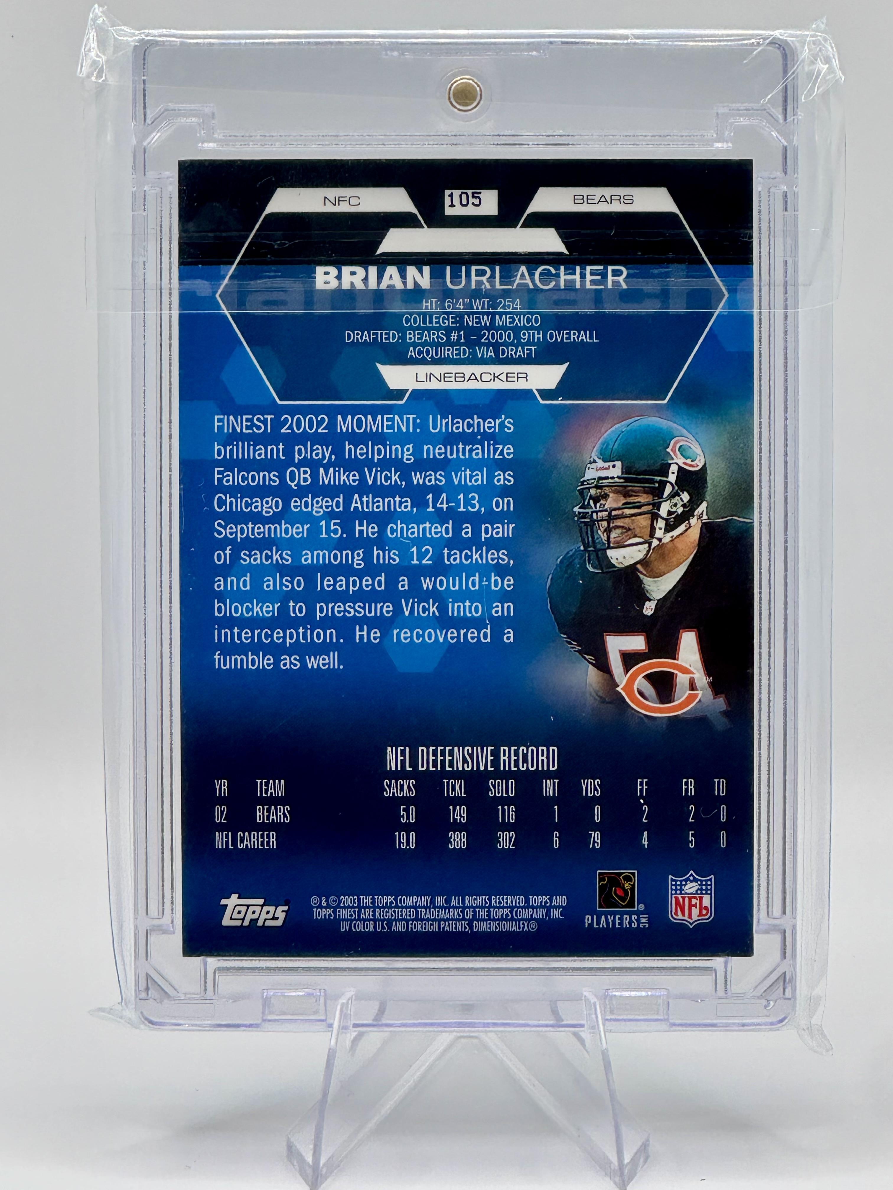 2003 Topps Finest Brian Urlacher #105 Memorabilia MEM Game-worn jersey; NM
