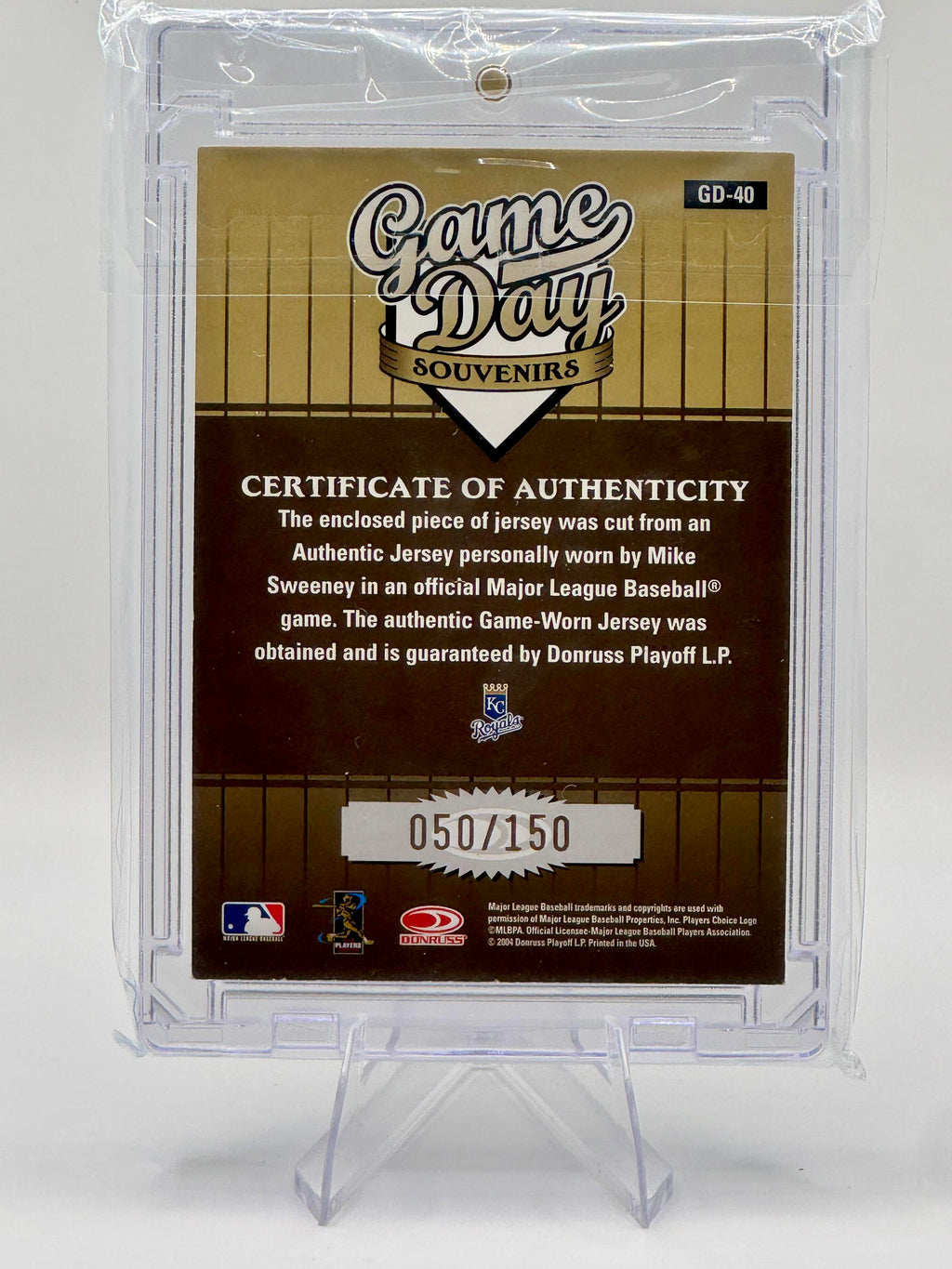 2004 Donruss Studio Mike Sweeney #GD-39 SN, Memorabilia MEM: Jersey; Near Mint