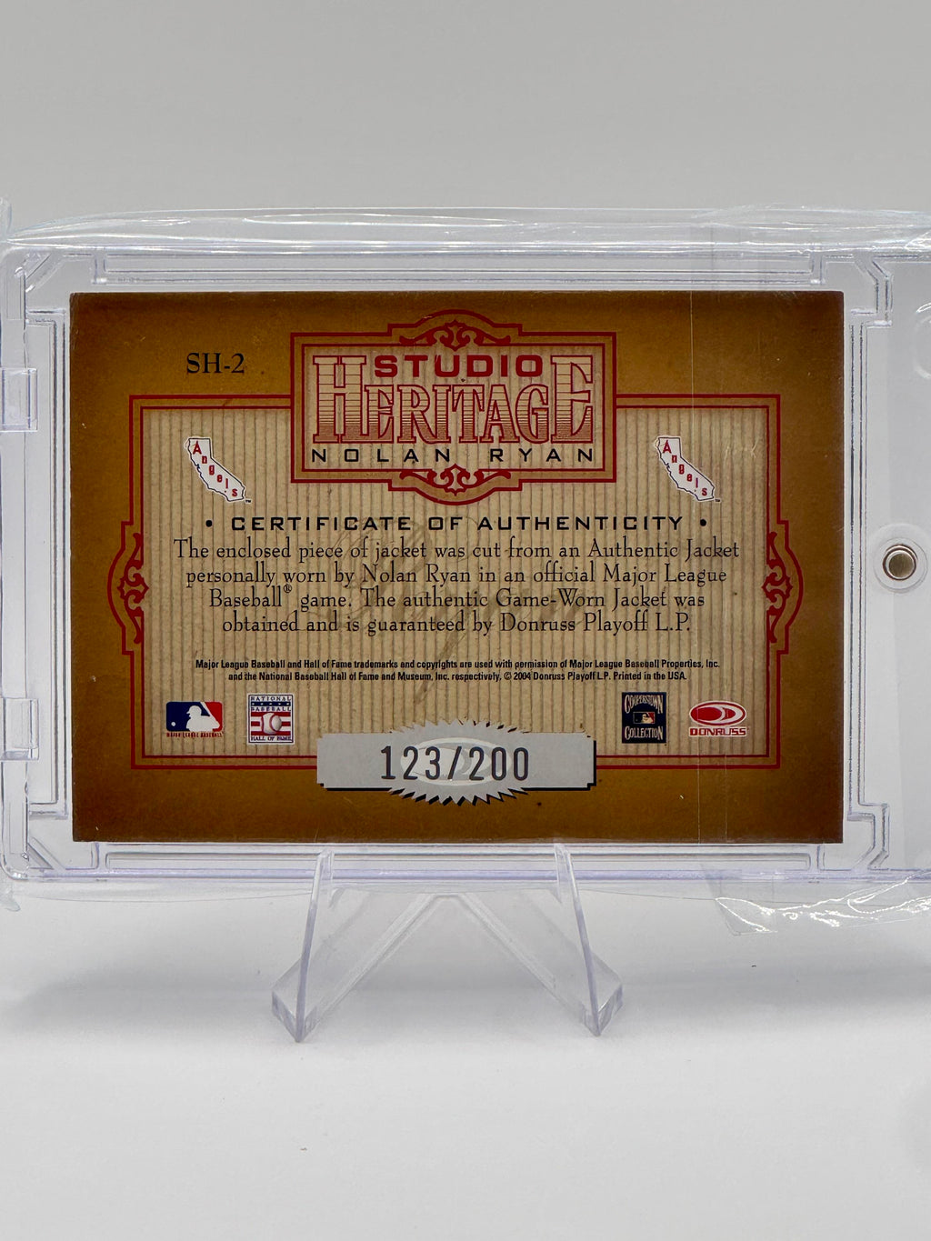 2004 Donruss Studio Nolan Ryan #SH-2 Heritage Jacket Relic Angels 123/200 NM