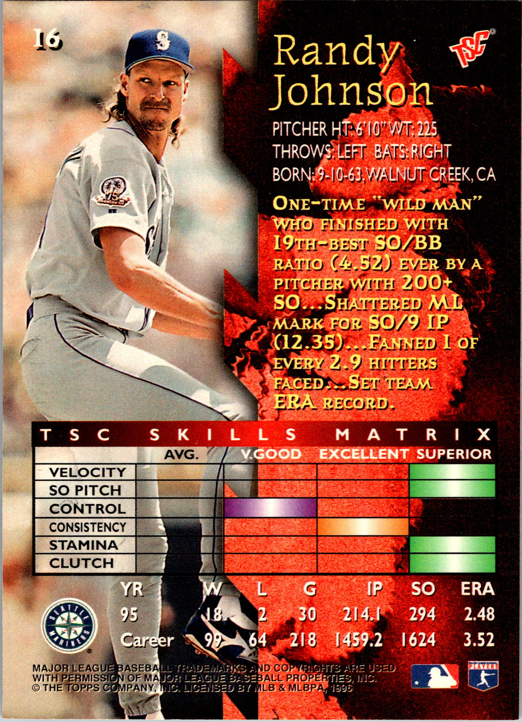 1996 Stadium Club Randy Johnson #16 Seattle Mariners Excellent