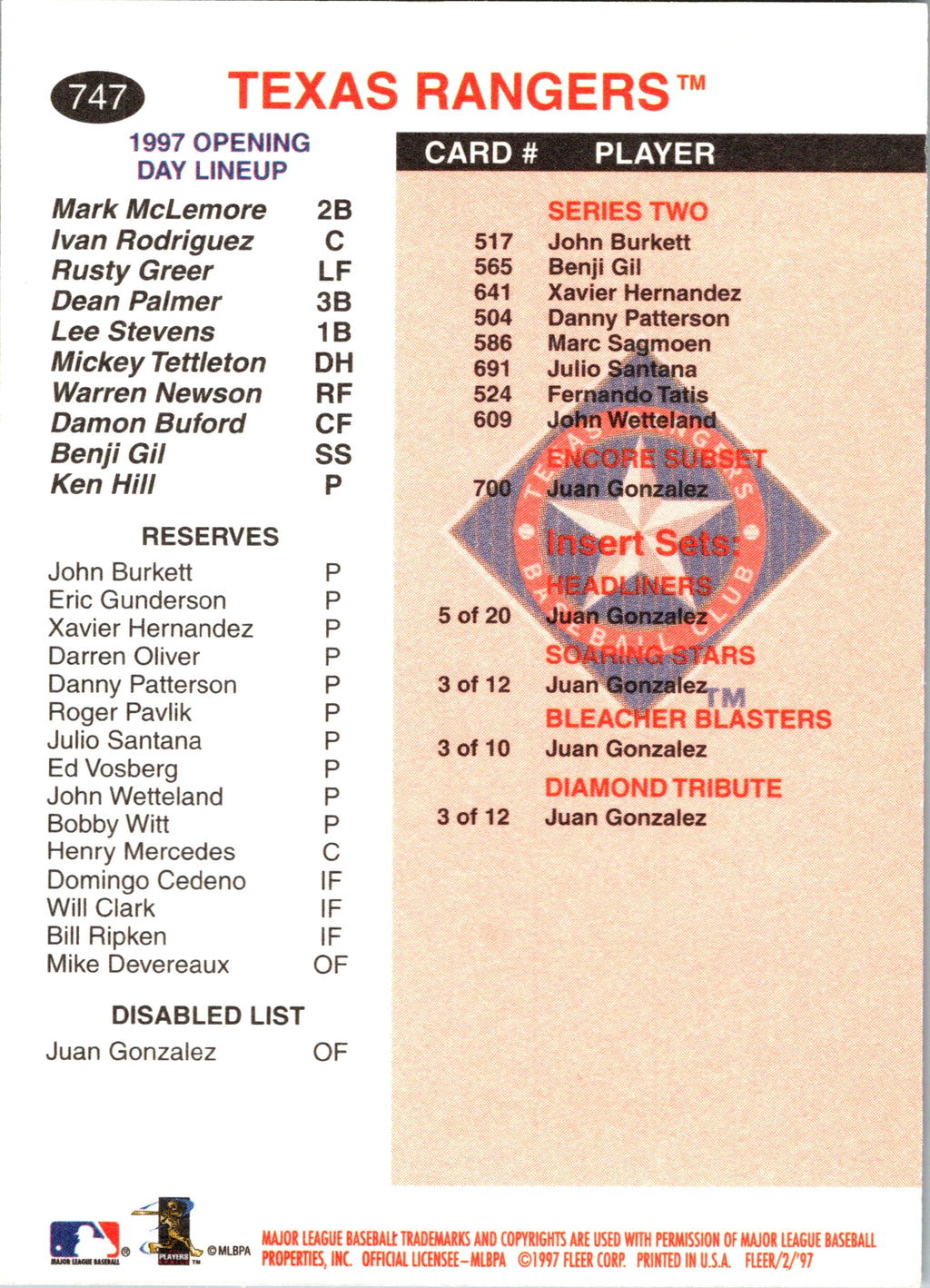 1997 Fleer Juan Gonzalez #747 Texas Rangers Excellent
