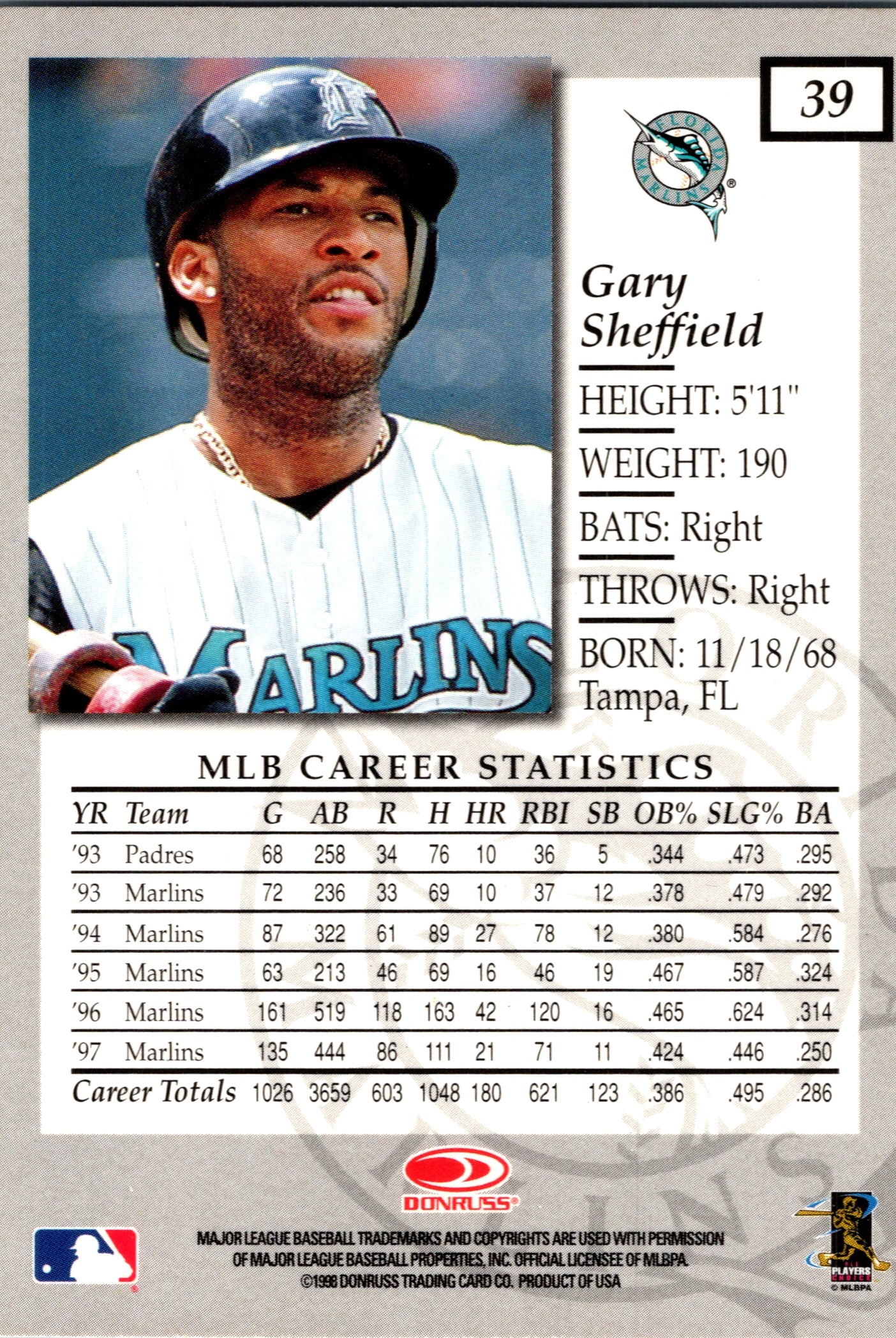 1998 Donruss Elite Gary Sheffield #39 Florida Marlins Excellent