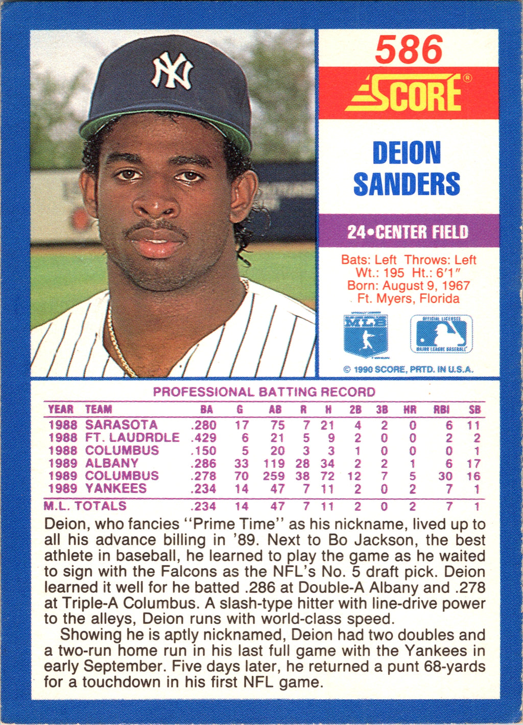 1990 Score Deion Sanders #586 New York Yankees Excellent