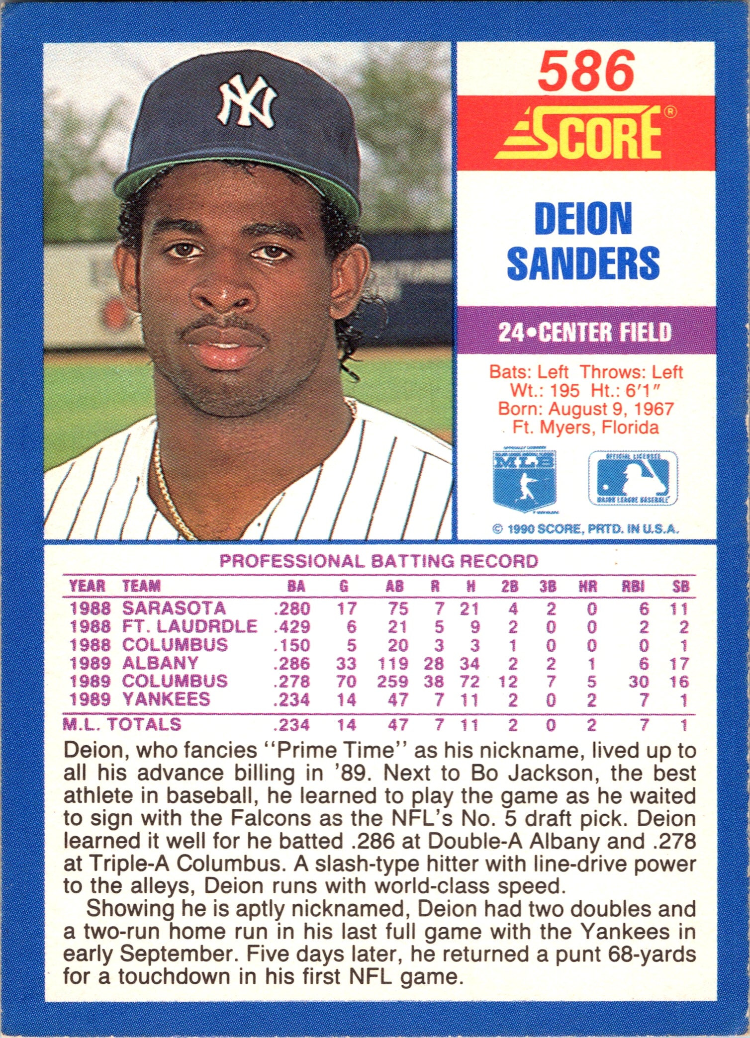 1990 Score Deion Sanders #586 New York Yankees Excellent