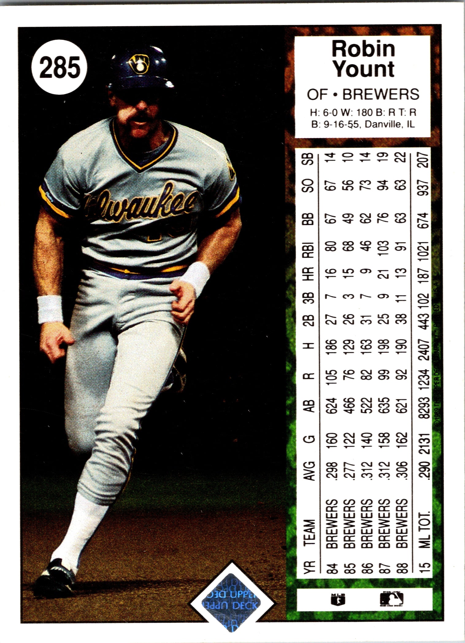 1989 Upper Deck Robin Yount #285 Milwaukee Brewers Excellent