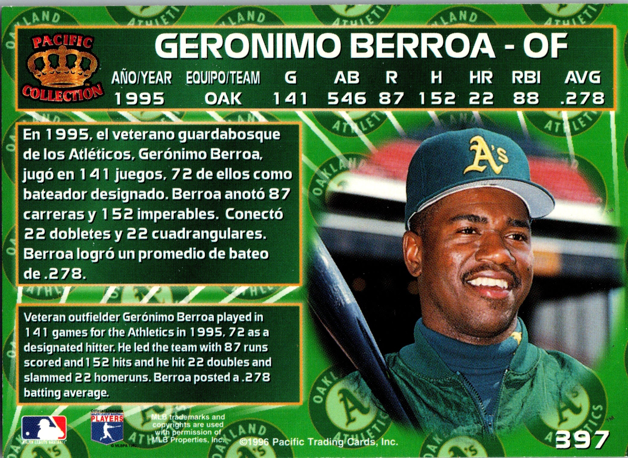 1996 Pacific Crown Collection Geronimo Berroa #397 Oakland Athletics Vintage EX