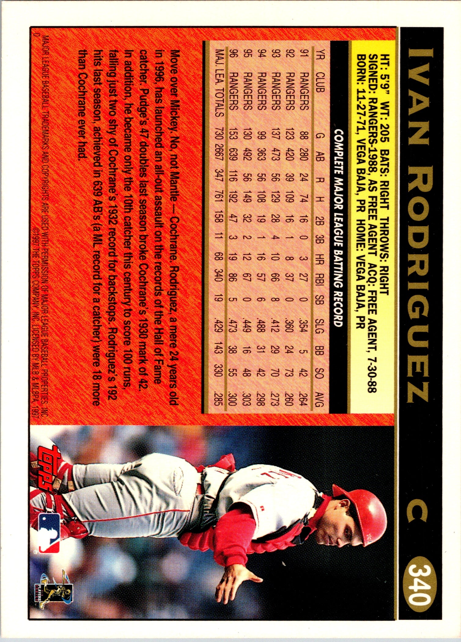 1997 Topps Ivan Rodriguez #340 Texas Rangers Excellent