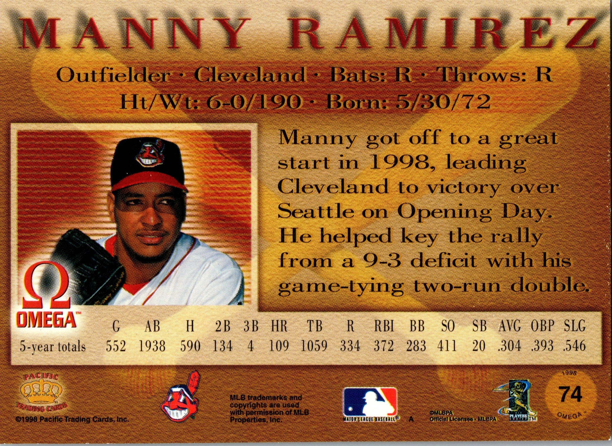 1998 Pacific Omega Manny Ramirez #74 Cleveland Indians Excellent