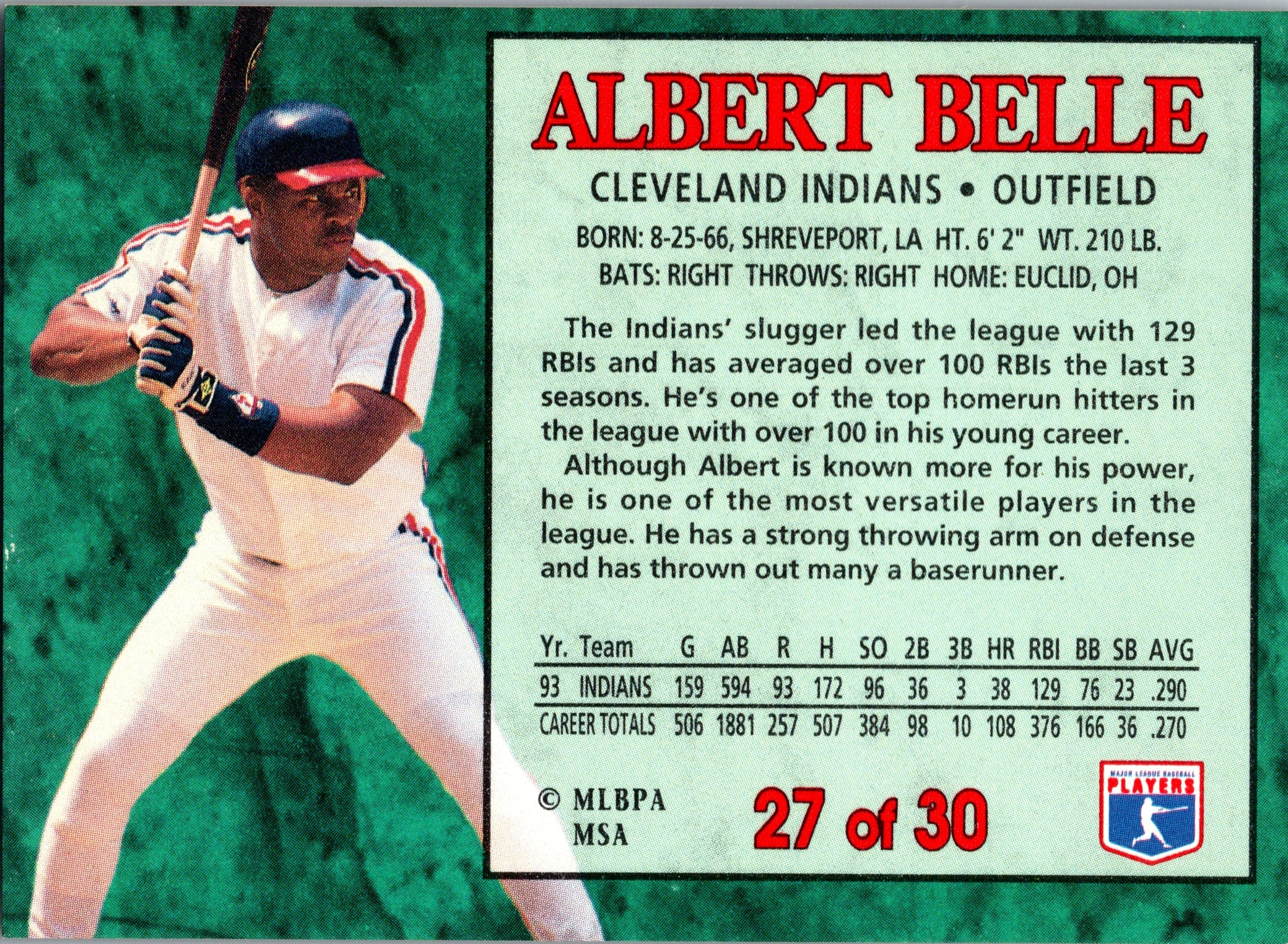 1994 Post Cereal Albert Belle #27 Cleveland Indians Excellent