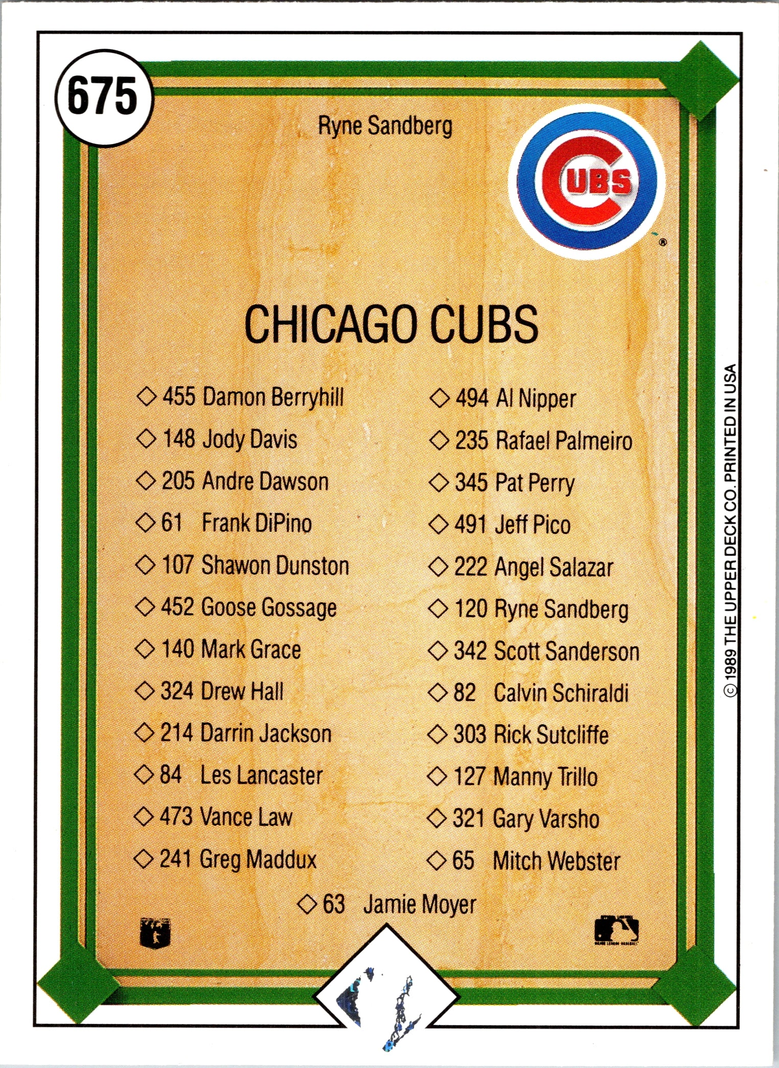 1989 Upper Deck Ryne Sandberg #675 Chicago Cubs Excellent