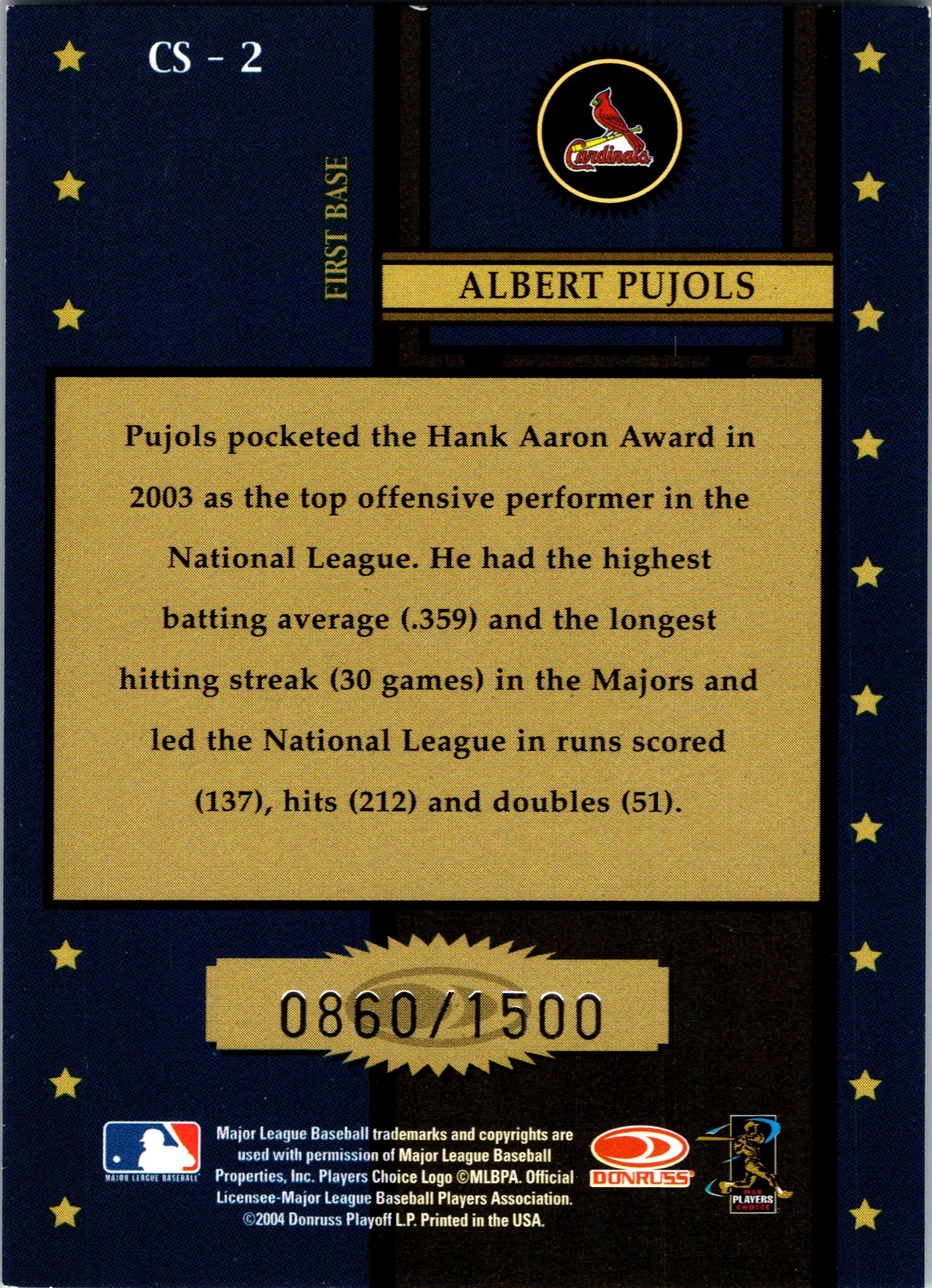 2004 Donruss Albert Pujols #CS-2 Century Stars Cardinals /1500 Vintage EX