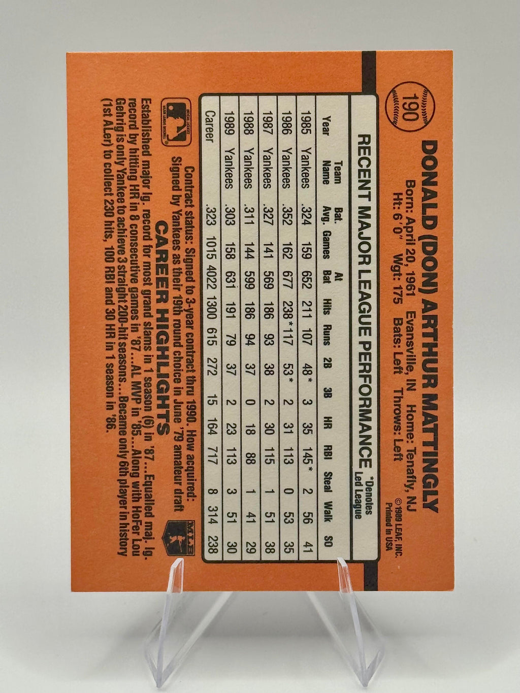 1990 Donruss Don Mattingly #190 New York Yankees Excellent
