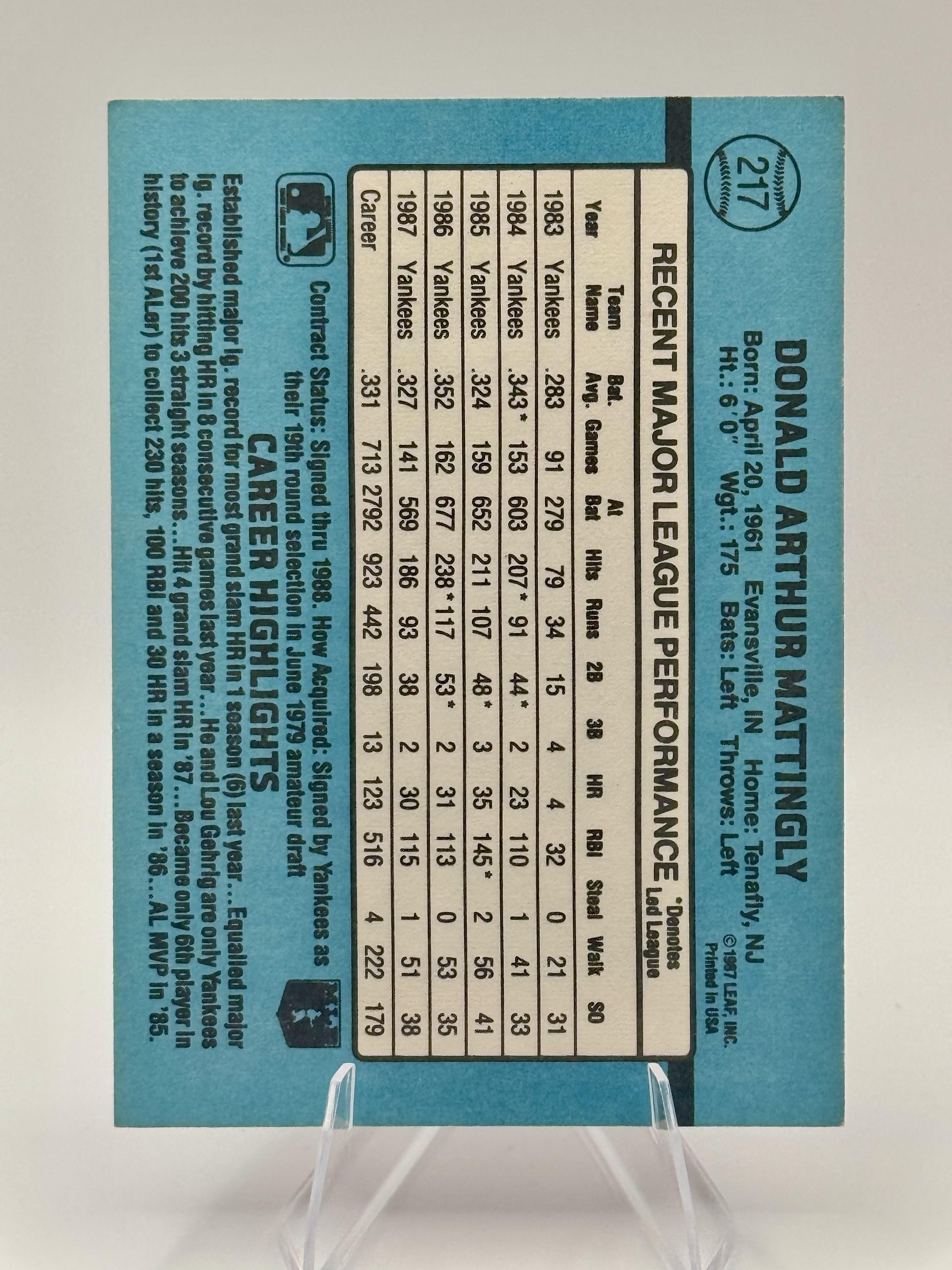 1988 Donruss Don Mattingly #217b New York Yankees Excellent