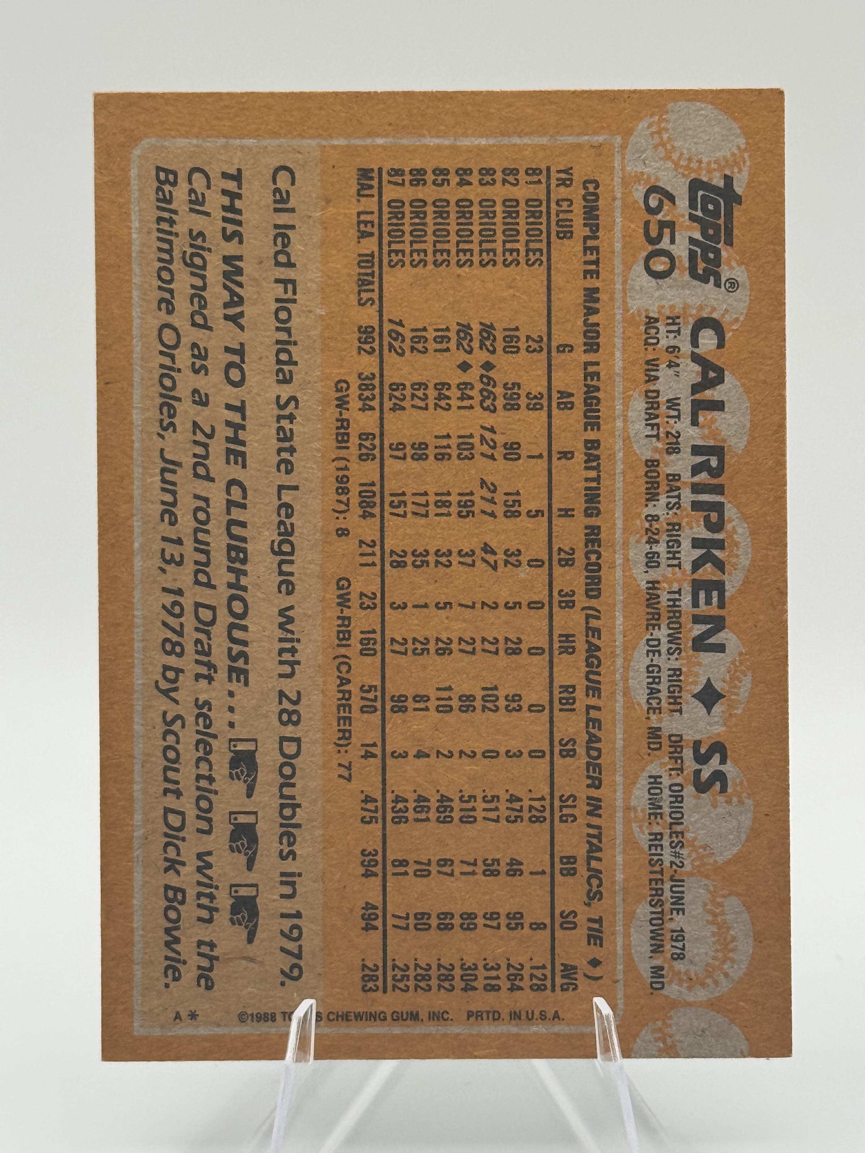 1988 Topps Cal Ripken #650 Baltimore Orioles Excellent