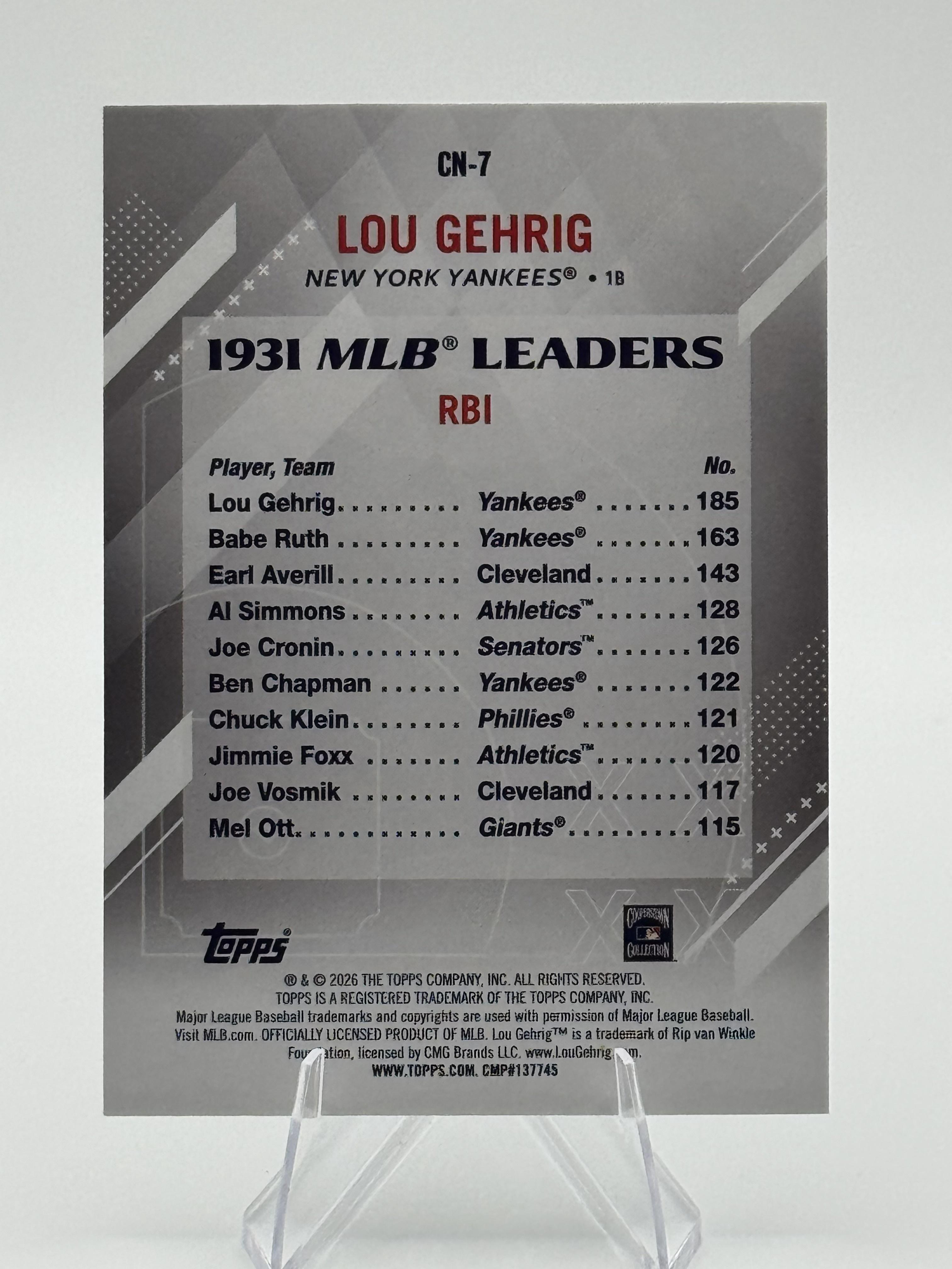 2026 Topps Lou Gehrig #CN-7 Crooked Numbers New York Yankees Near Mint or Better