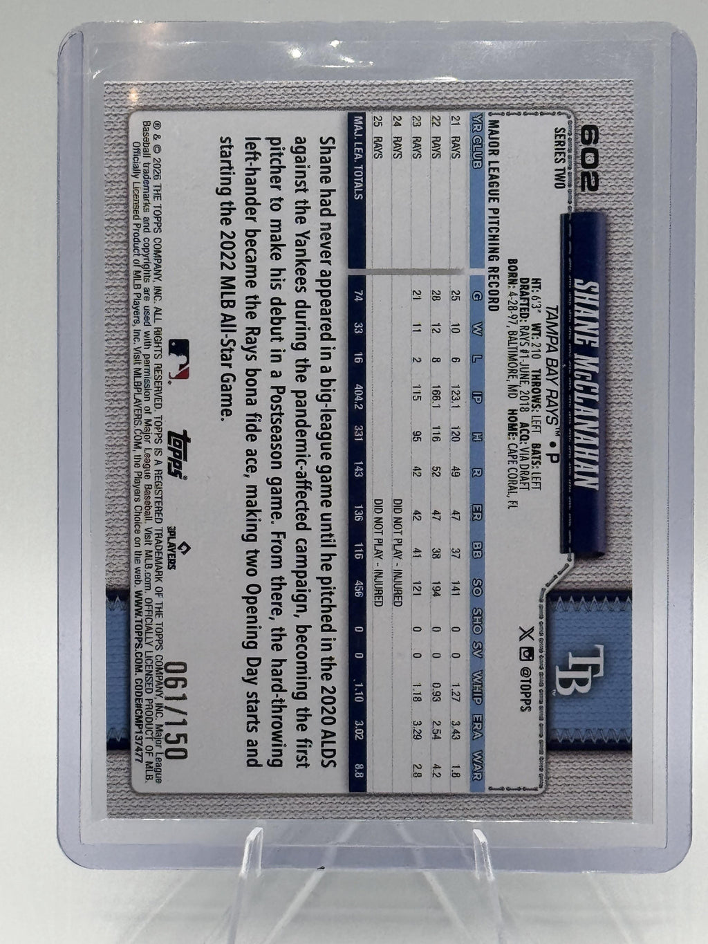 2026 Topps Shane McClanahan #602 COLOR MATCH 061/150 Near Mint