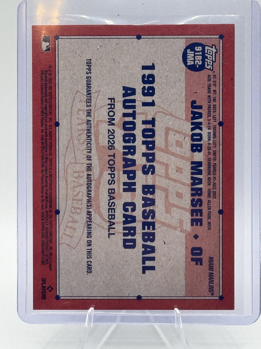 2026 Topps Jakob Marsee #91B2-JMA 1991 Autograph Marlins Rookie Cup Card NM