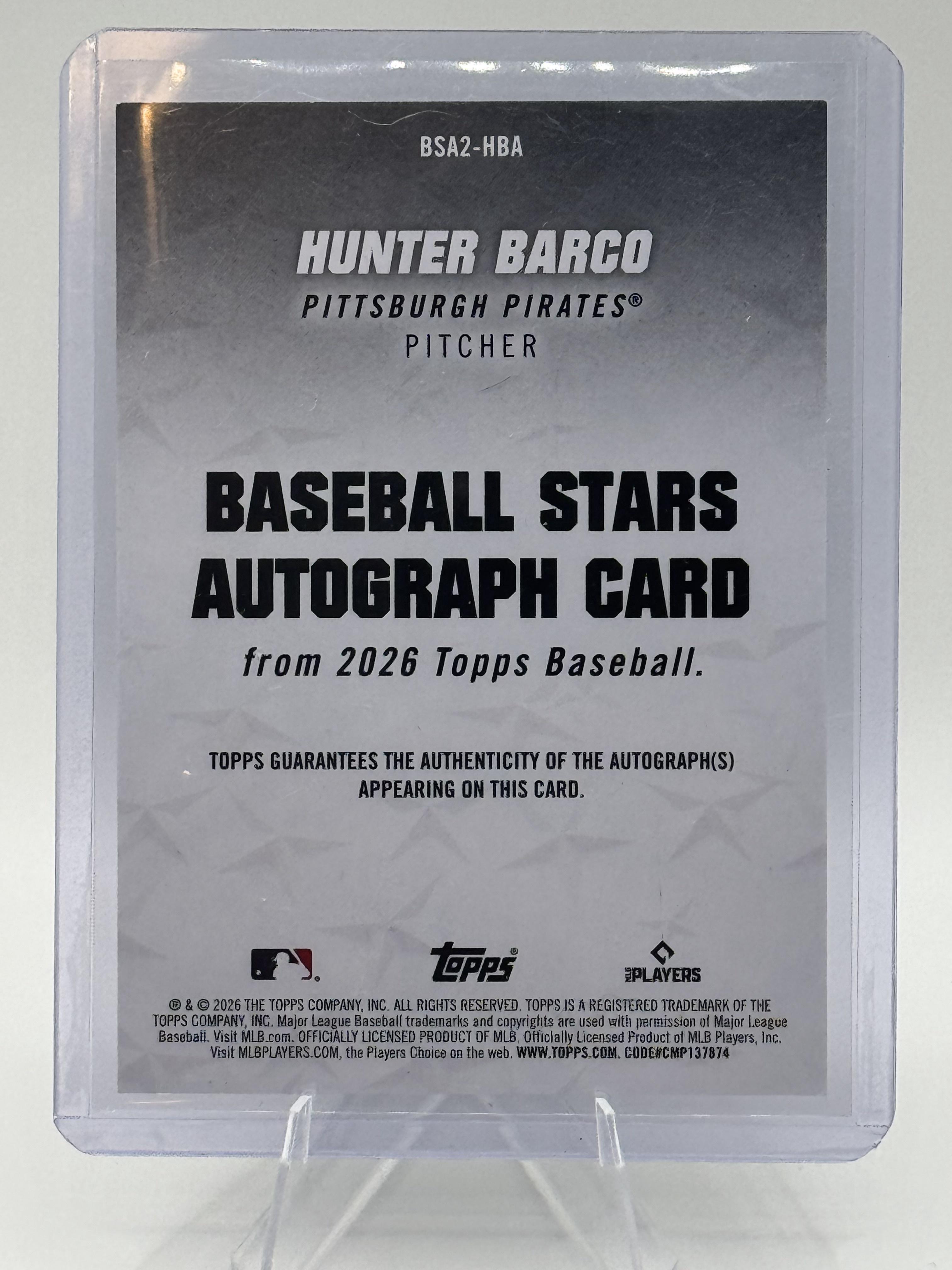 2026 Topps Hunter Barco #BSA2-HBA Baseball Stars Autograph Pirates RC Near Mint