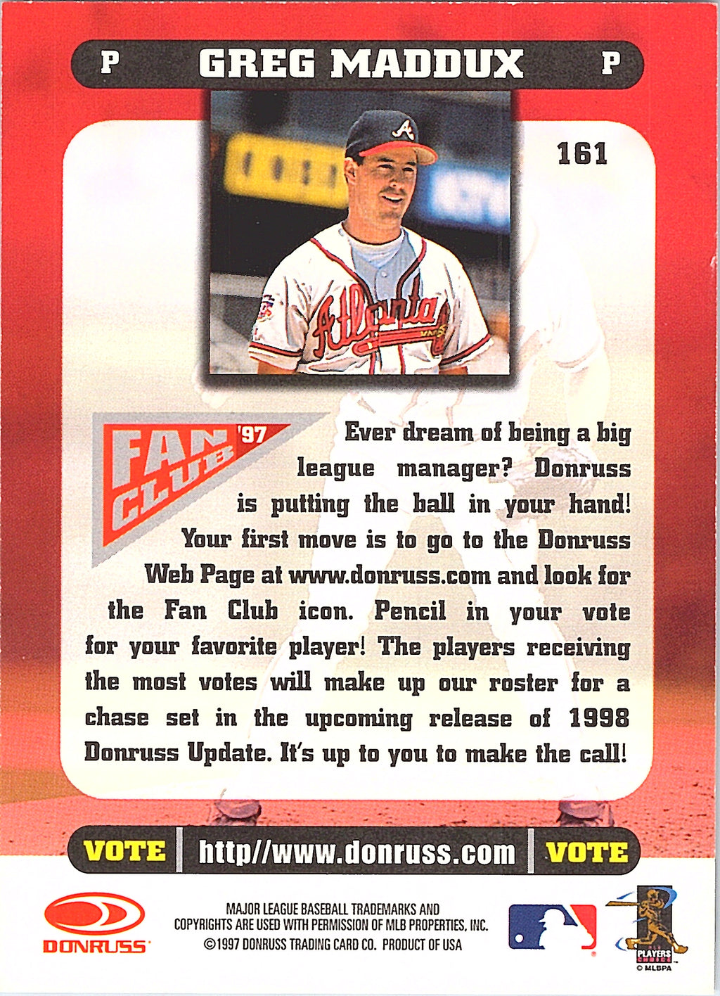 1997 Donruss Fan Club Greg Maddux #161 Atlanta Braves Excellent