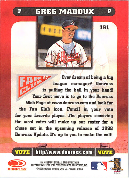 1997 Donruss Fan Club Greg Maddux #161 Atlanta Braves Excellent