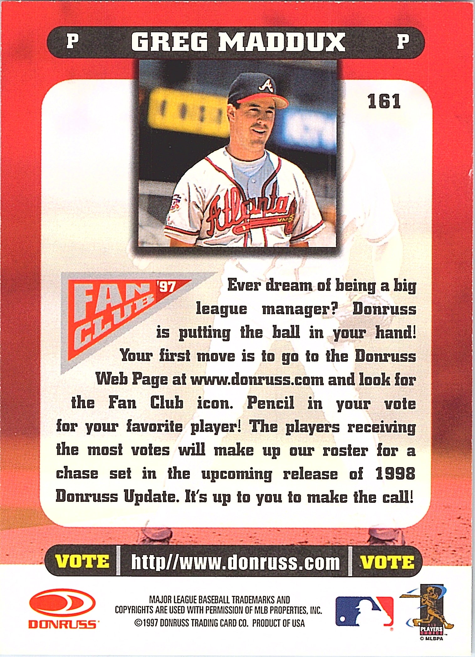 1997 Donruss Fan Club Greg Maddux #161 Atlanta Braves Excellent