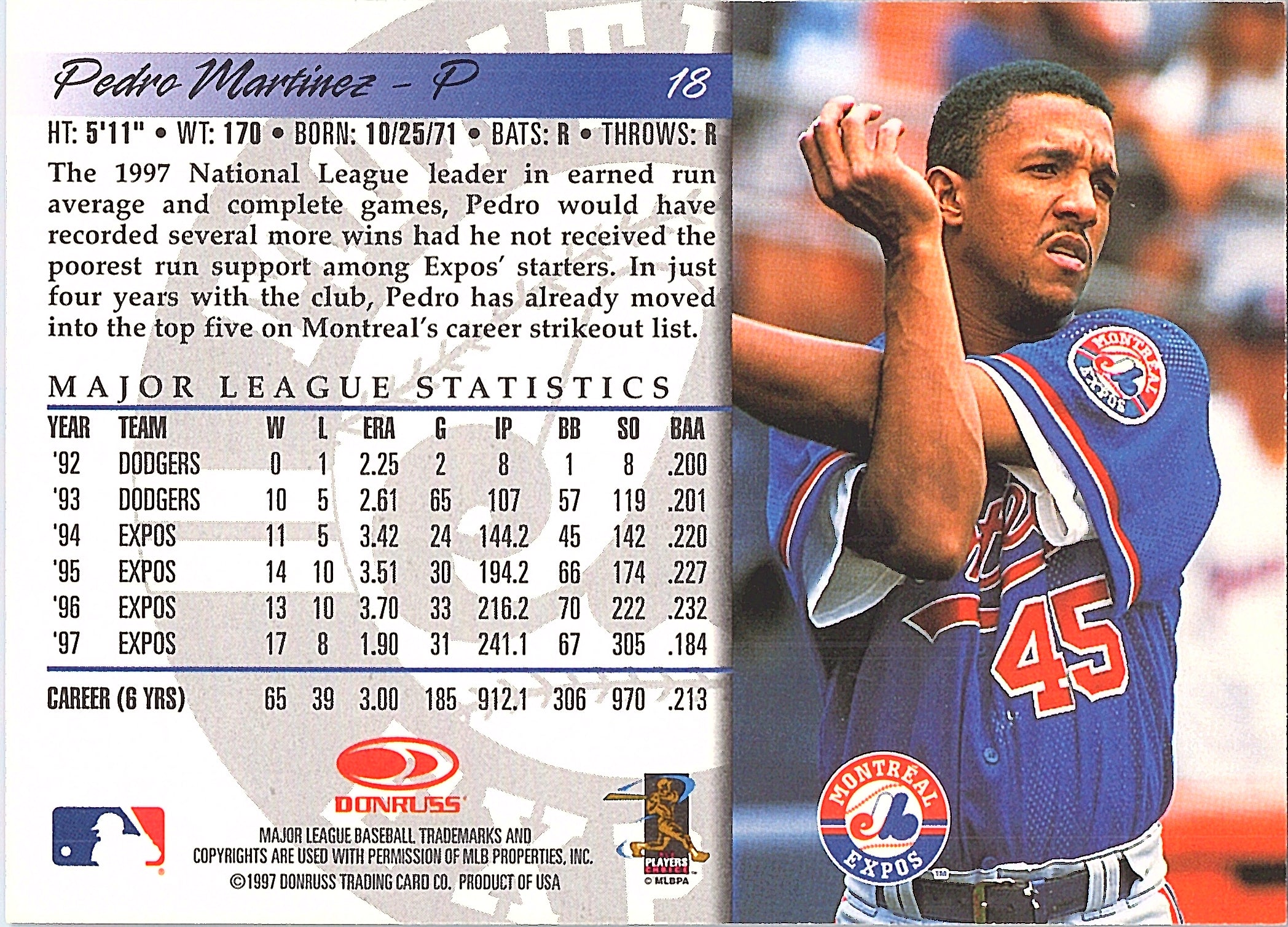 1998 Donruss Pedro Martinez #18 Montreal Expos Excellent