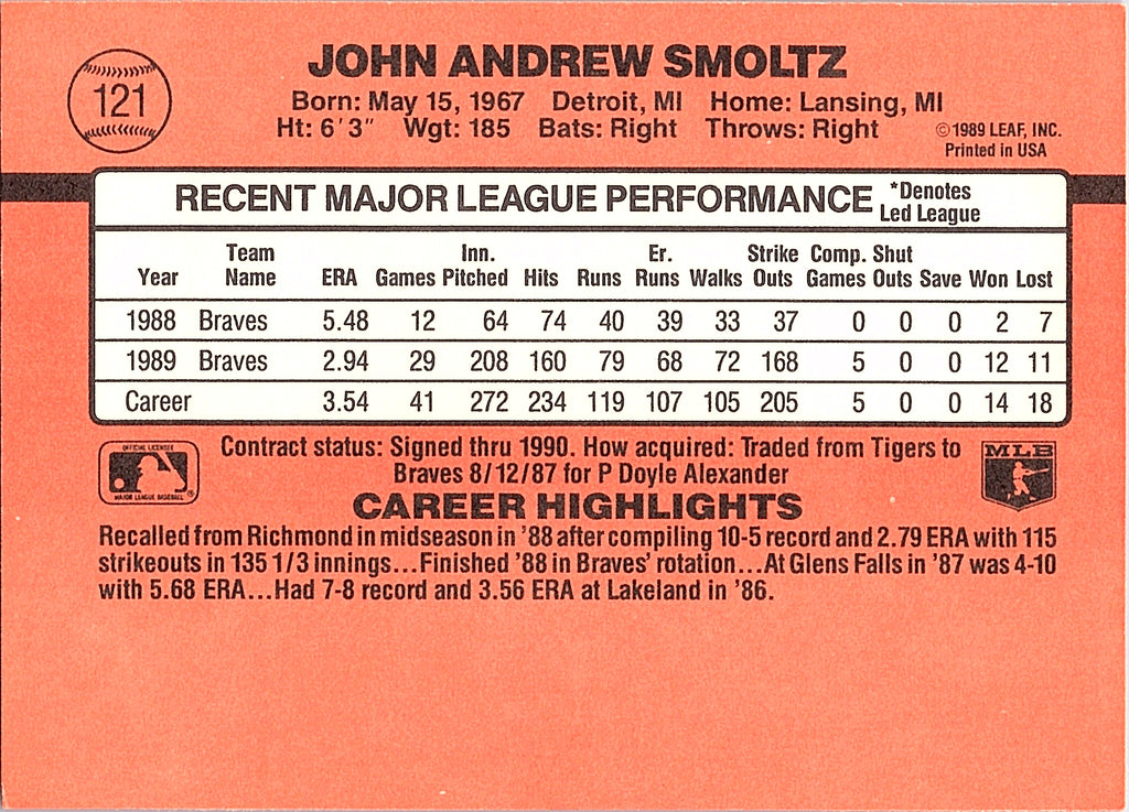 1990 Donruss John Smoltz #121 Atlanta Braves Excellent