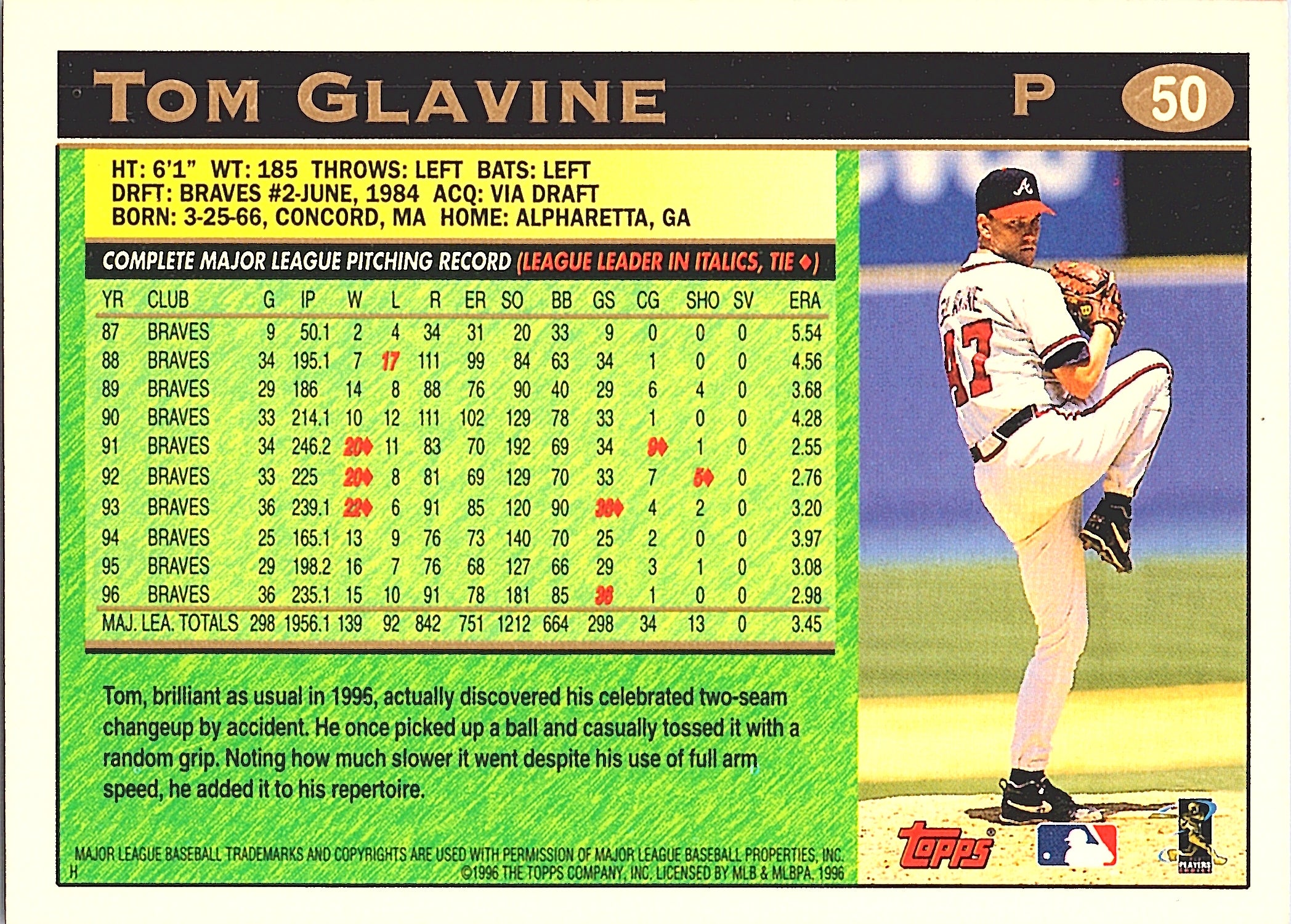 1997 Topps Tom Glavine #50 Atlanta Braves Excellent