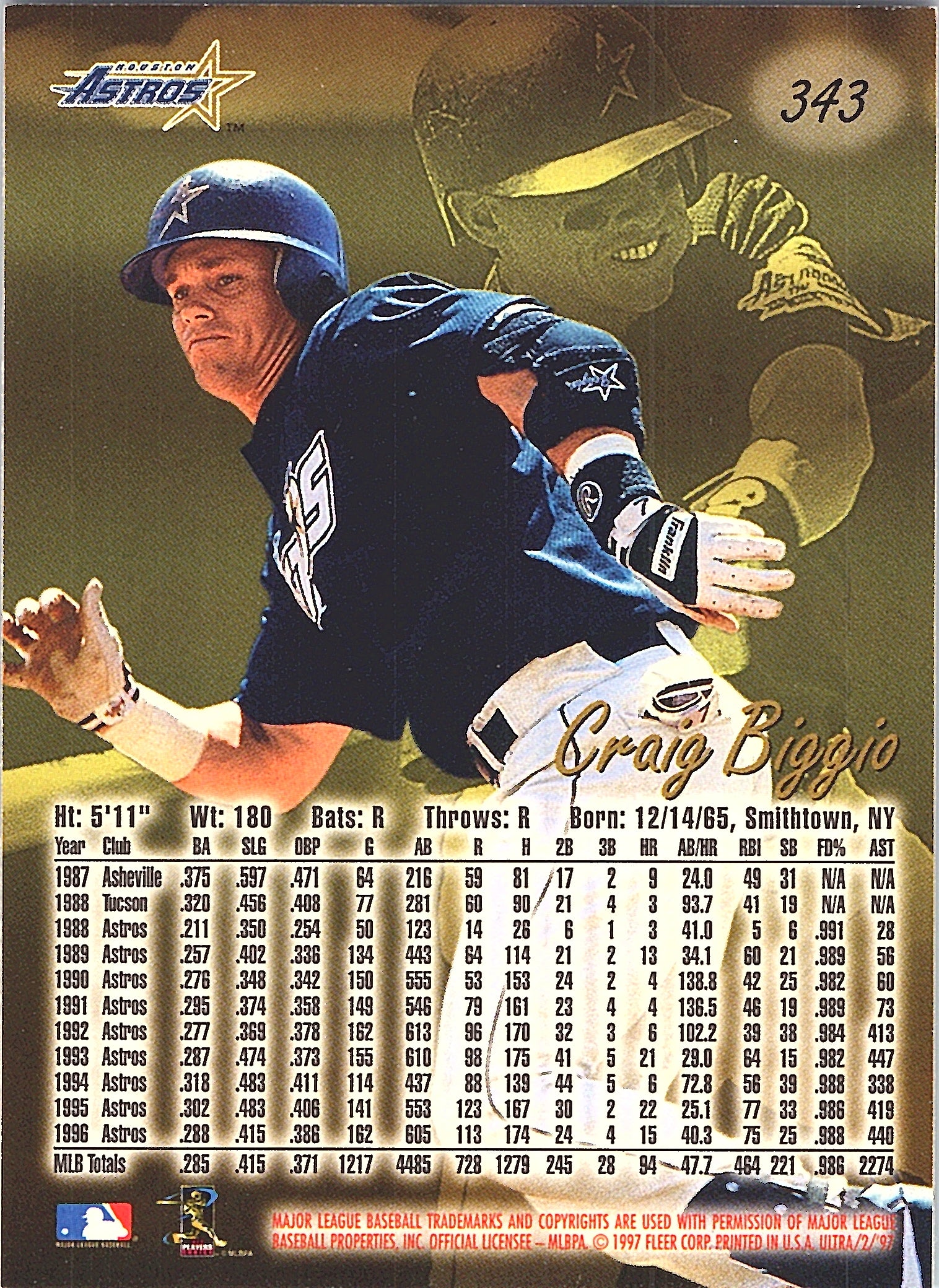 1997 Fleer Ultra Craig Biggio #343 Houston Astros Excellent