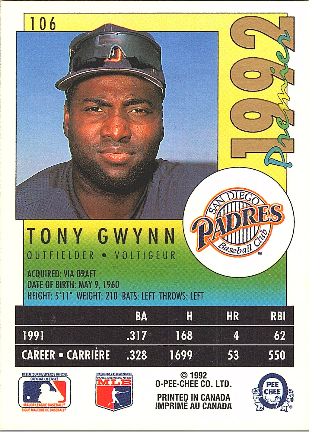 1992 O-Pee-Chee Premier Tony Gwynn #106 San Diego Padres Excellent