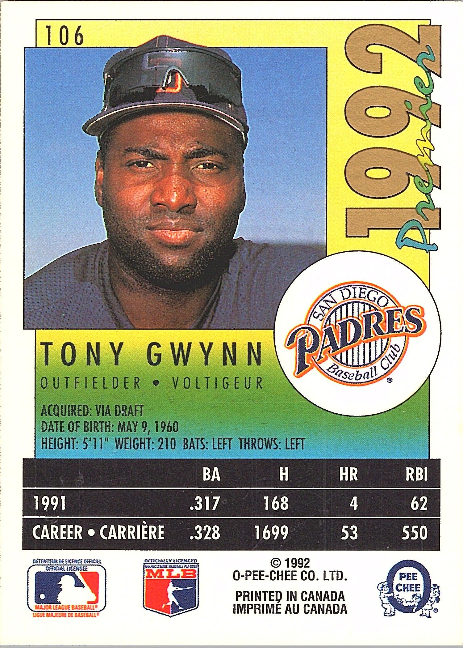 1992 O-Pee-Chee Premier Tony Gwynn #106 San Diego Padres Excellent