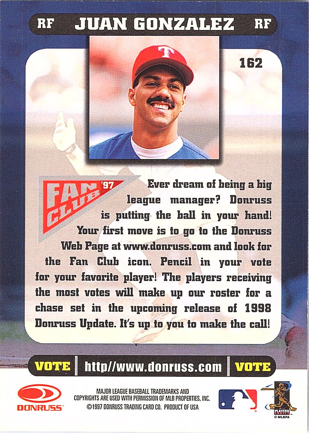 1998 Donruss Juan Gonzalez #162 Texas Rangers Excellent