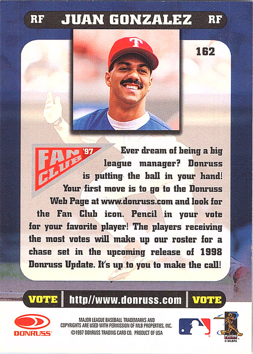 1998 Donruss Juan Gonzalez #162 Texas Rangers Excellent